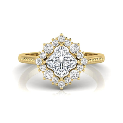 Princess cut lab grown diamond halo engagement ring with round diamond halo in yellow gold tone setting