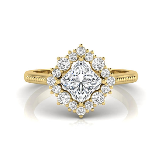 Princess cut lab grown diamond halo engagement ring with round diamond halo in yellow gold tone setting