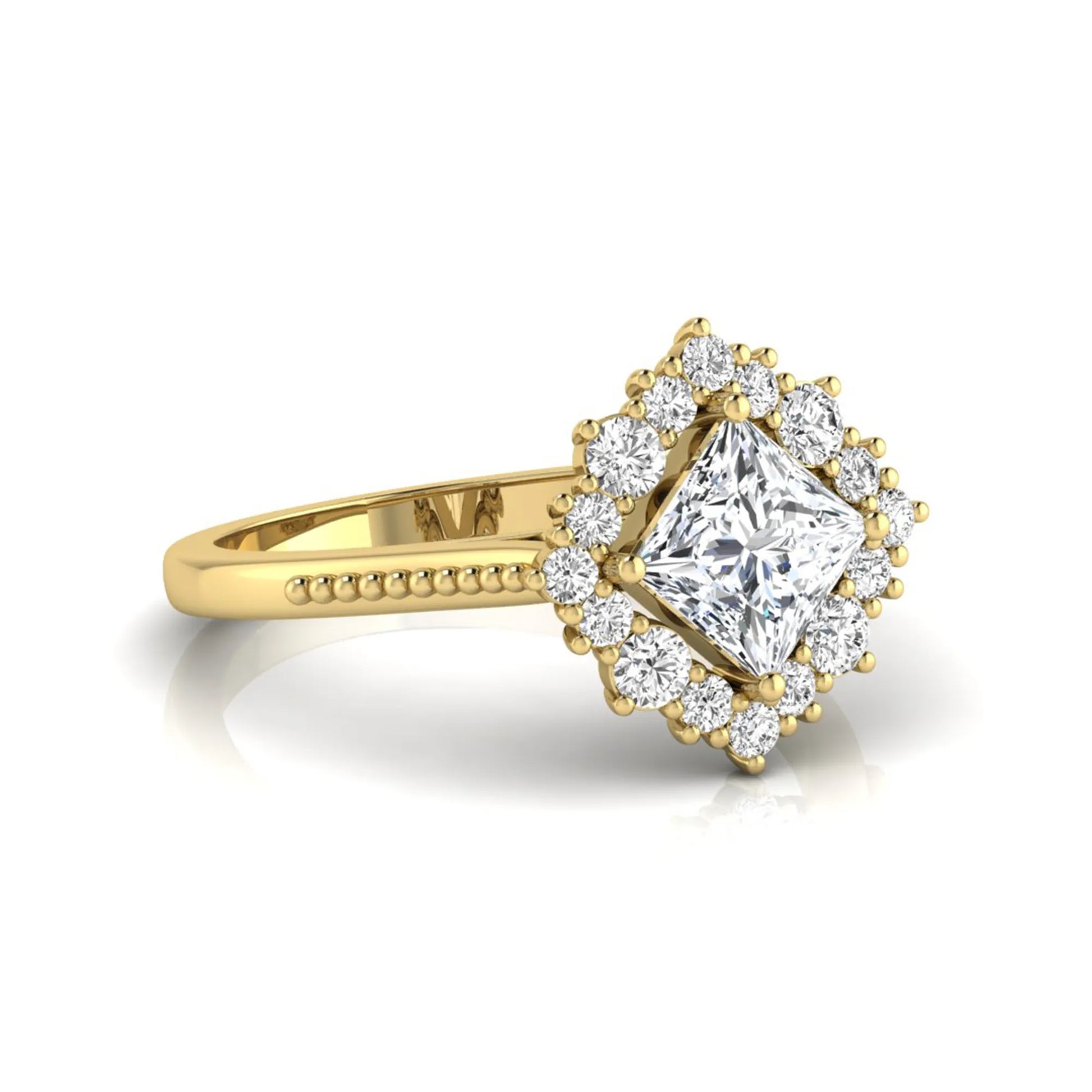 Princess cut lab grown diamond halo engagement ring with round diamond halo in yellow gold tone setting