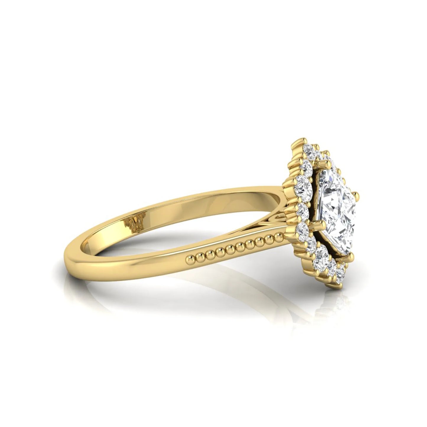 Princess cut lab grown diamond halo engagement ring with round diamond halo in yellow gold tone setting