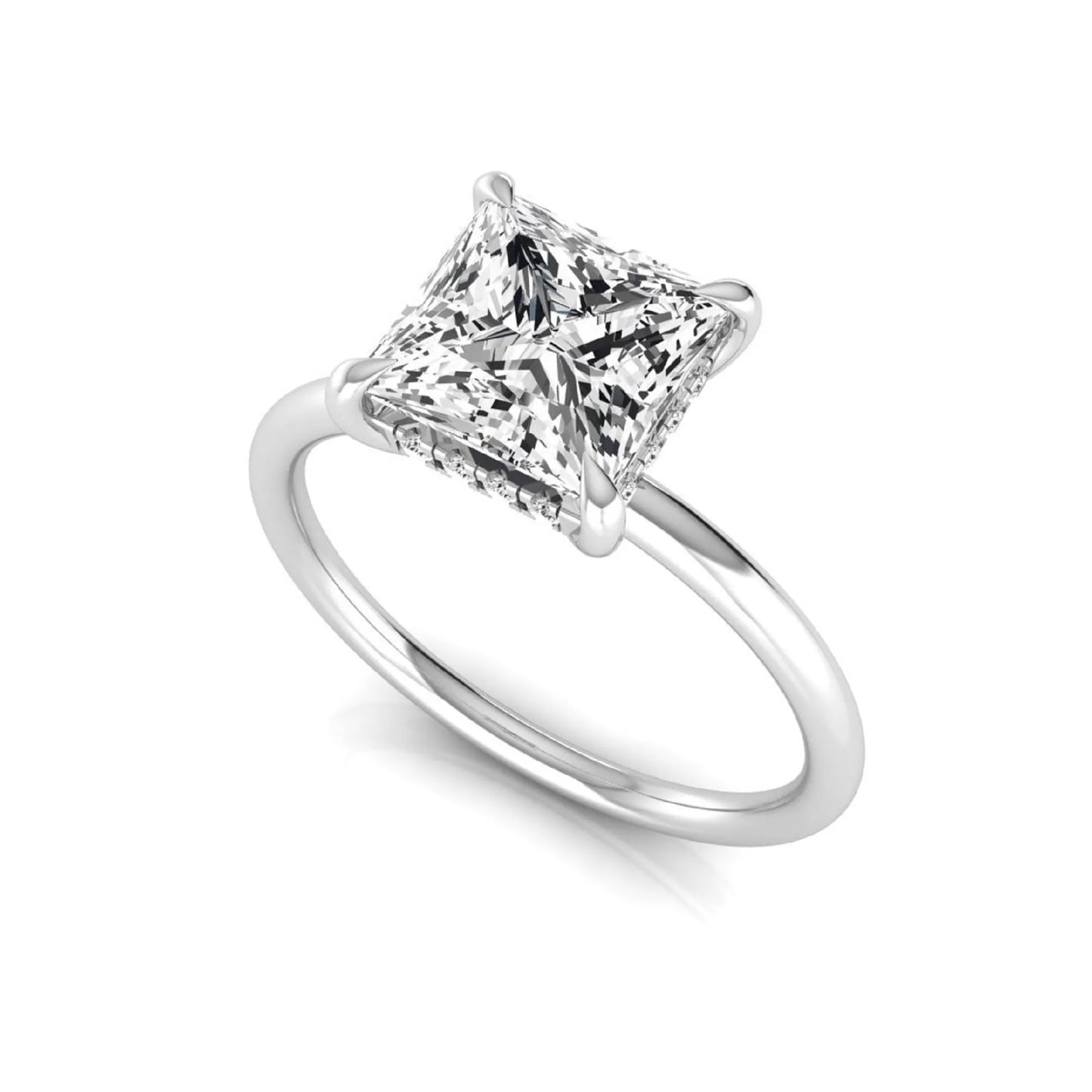 Princess cut lab grown diamond hidden halo solitaire engagement ring with a four-prong setting and white gold tone band.