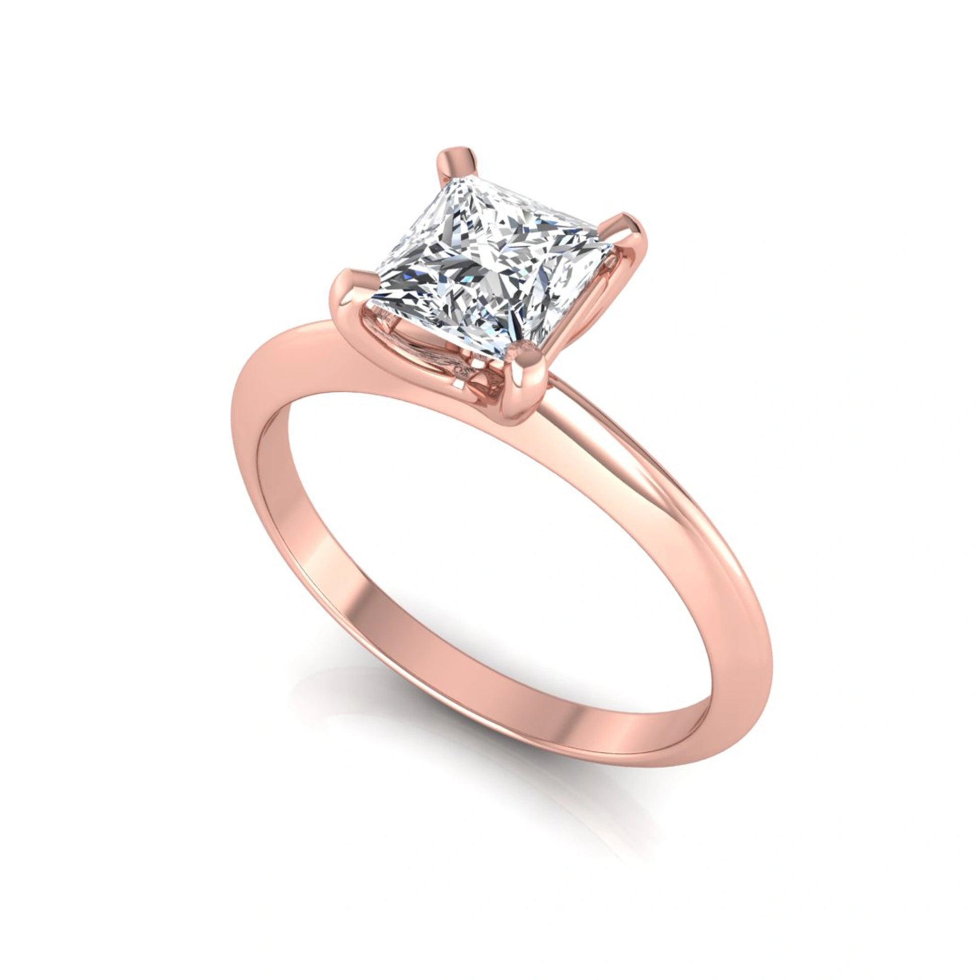 Princess cut lab grown diamond solitaire engagement ring featuring a 0.71 carat princess diamond in a classic four-prong rose gold setting.