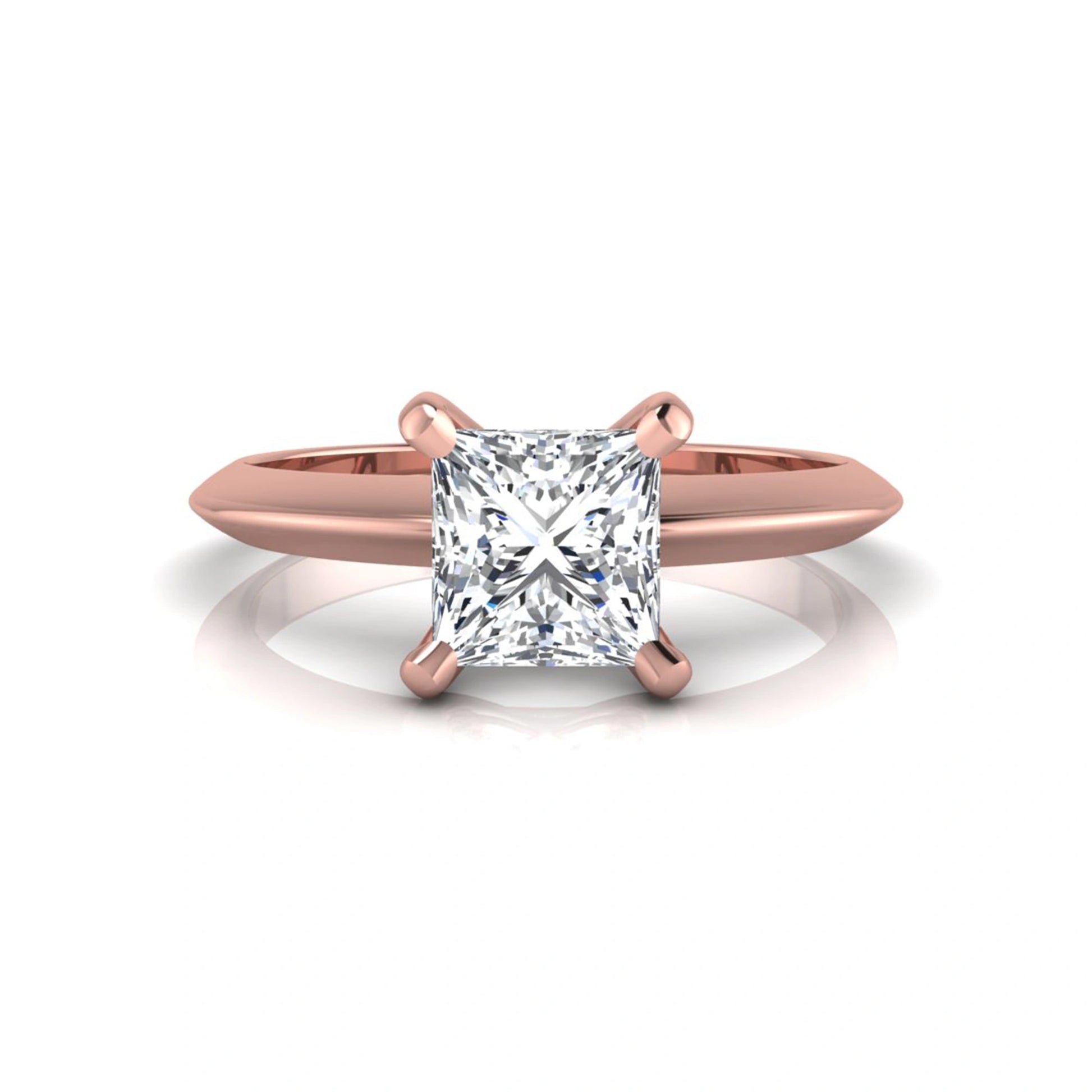 Princess cut lab grown diamond solitaire engagement ring featuring a 0.71 carat princess diamond in a classic four-prong rose gold setting.