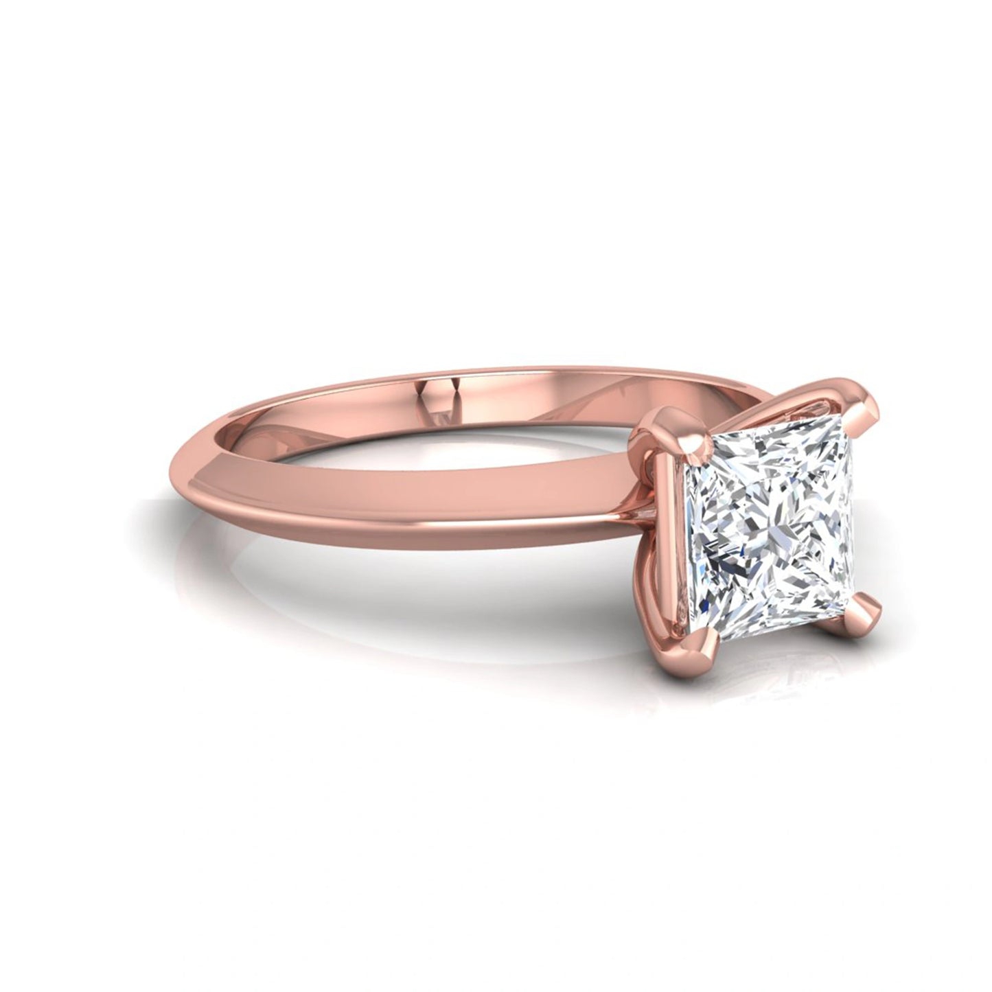 Princess cut lab grown diamond solitaire engagement ring featuring a 0.71 carat princess diamond in a classic four-prong rose gold setting.