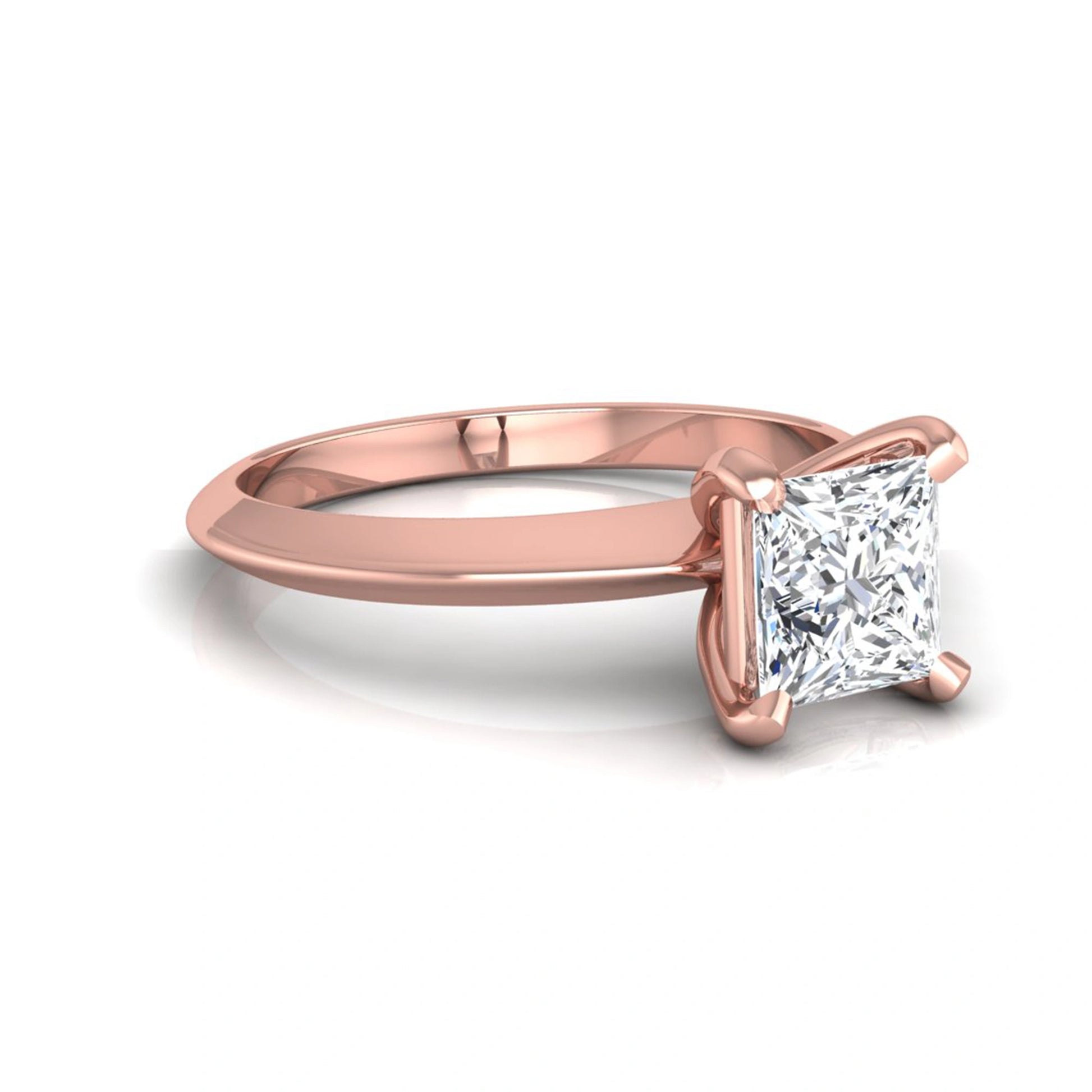 Princess cut lab grown diamond solitaire engagement ring featuring a 0.71 carat princess diamond in a classic four-prong rose gold setting.