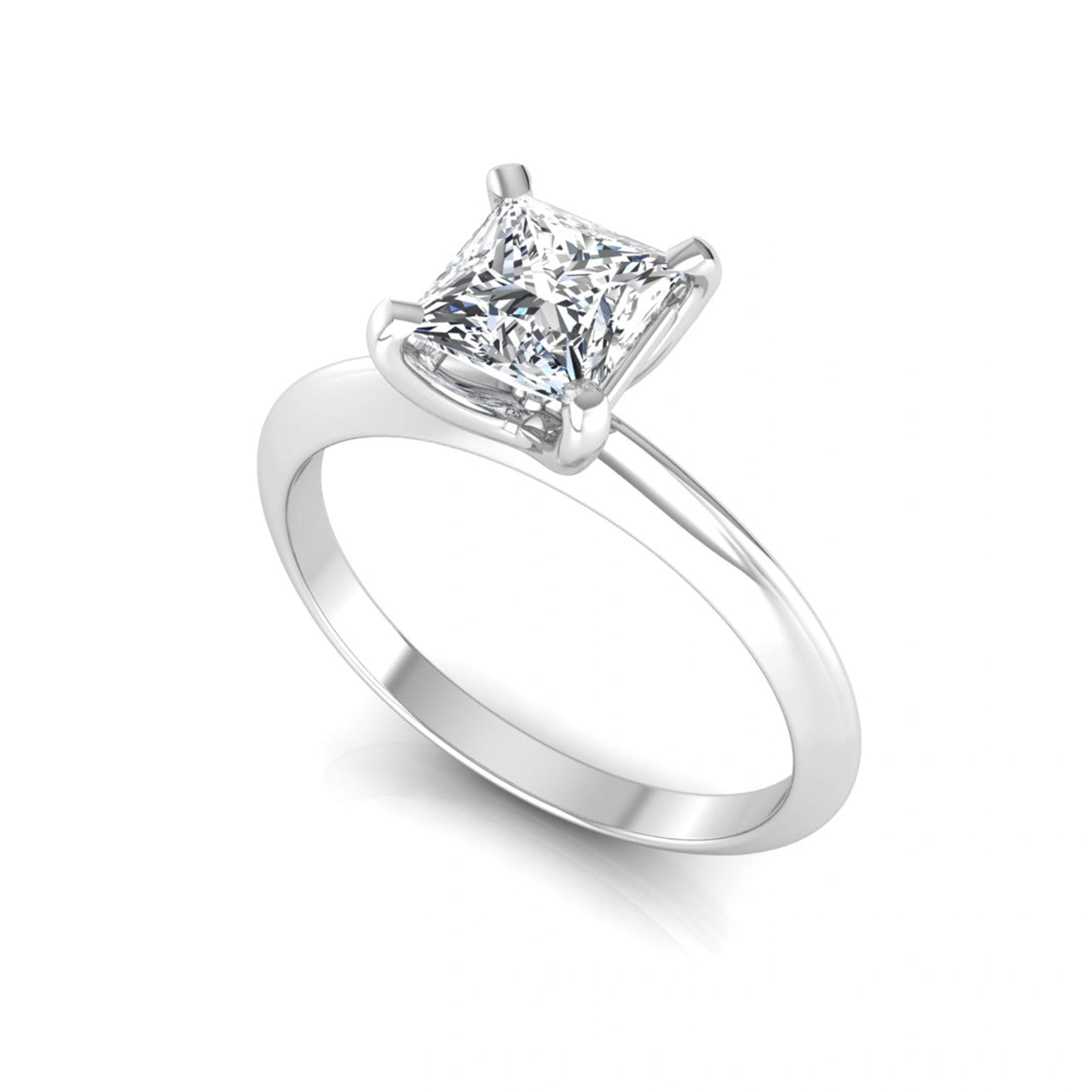 Princess cut lab grown diamond solitaire engagement ring featuring a 0.71 carat princess diamond in a classic four-prong white gold setting.