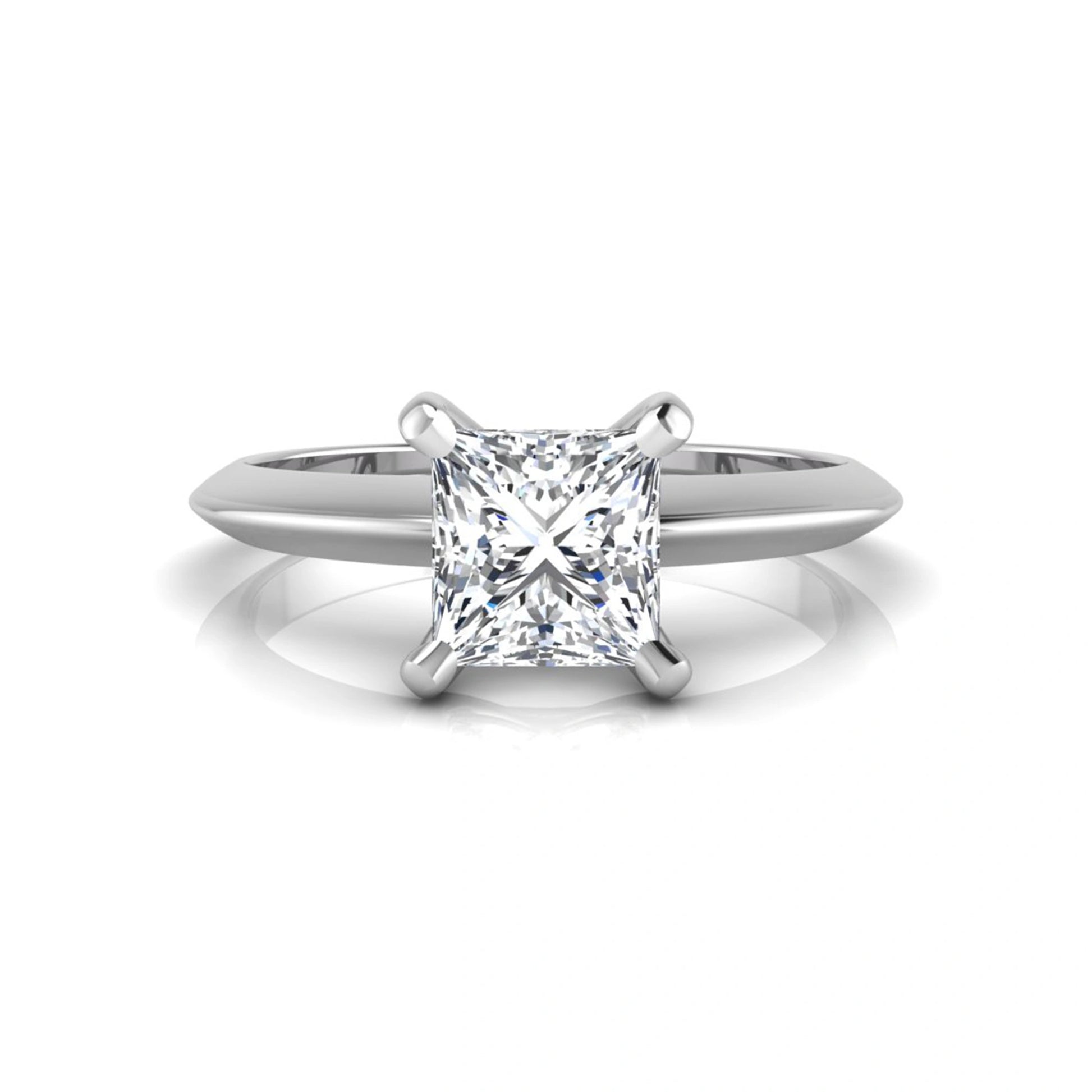 Princess cut lab grown diamond solitaire engagement ring featuring a 0.71 carat princess diamond in a classic four-prong white gold setting.