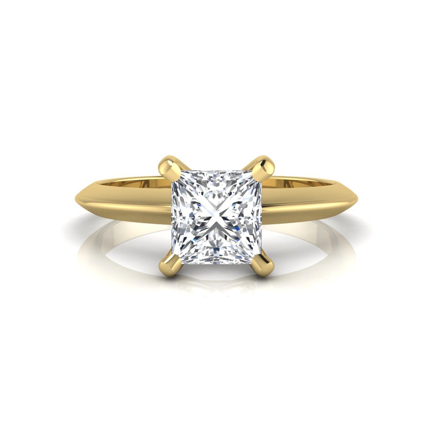 Princess cut lab grown diamond solitaire engagement ring featuring a 0.71 carat princess diamond in a classic four-prong yellow gold setting.