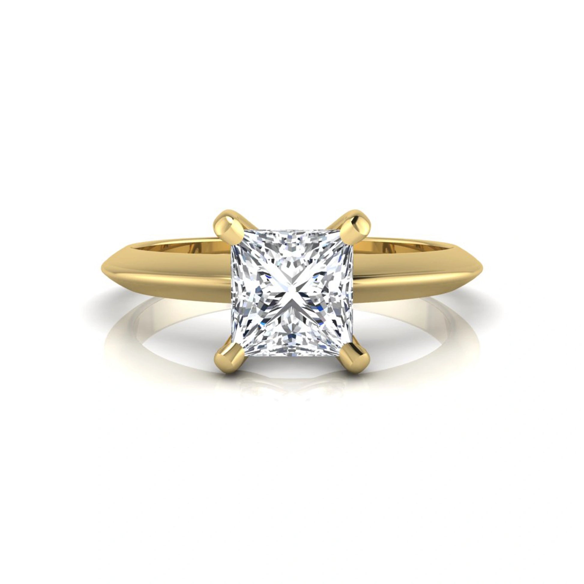 Princess cut lab grown diamond solitaire engagement ring featuring a 0.71 carat princess diamond in a classic four-prong yellow gold setting.