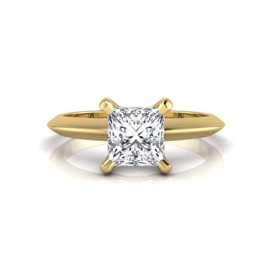 Princess cut lab grown diamond solitaire engagement ring featuring a 0.71 carat princess diamond in a classic four-prong yellow gold setting.