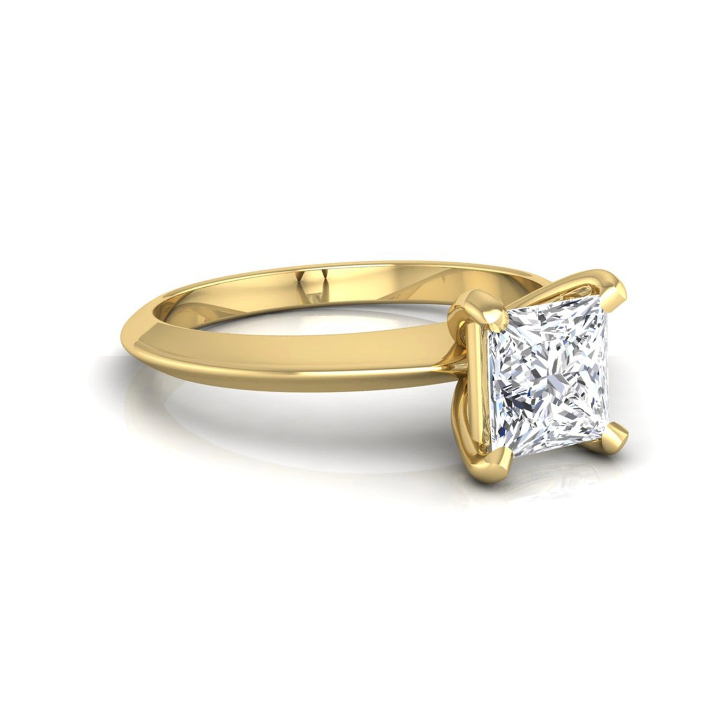 Princess cut lab grown diamond solitaire engagement ring featuring a 0.71 carat princess diamond in a classic four-prong yellow gold setting.