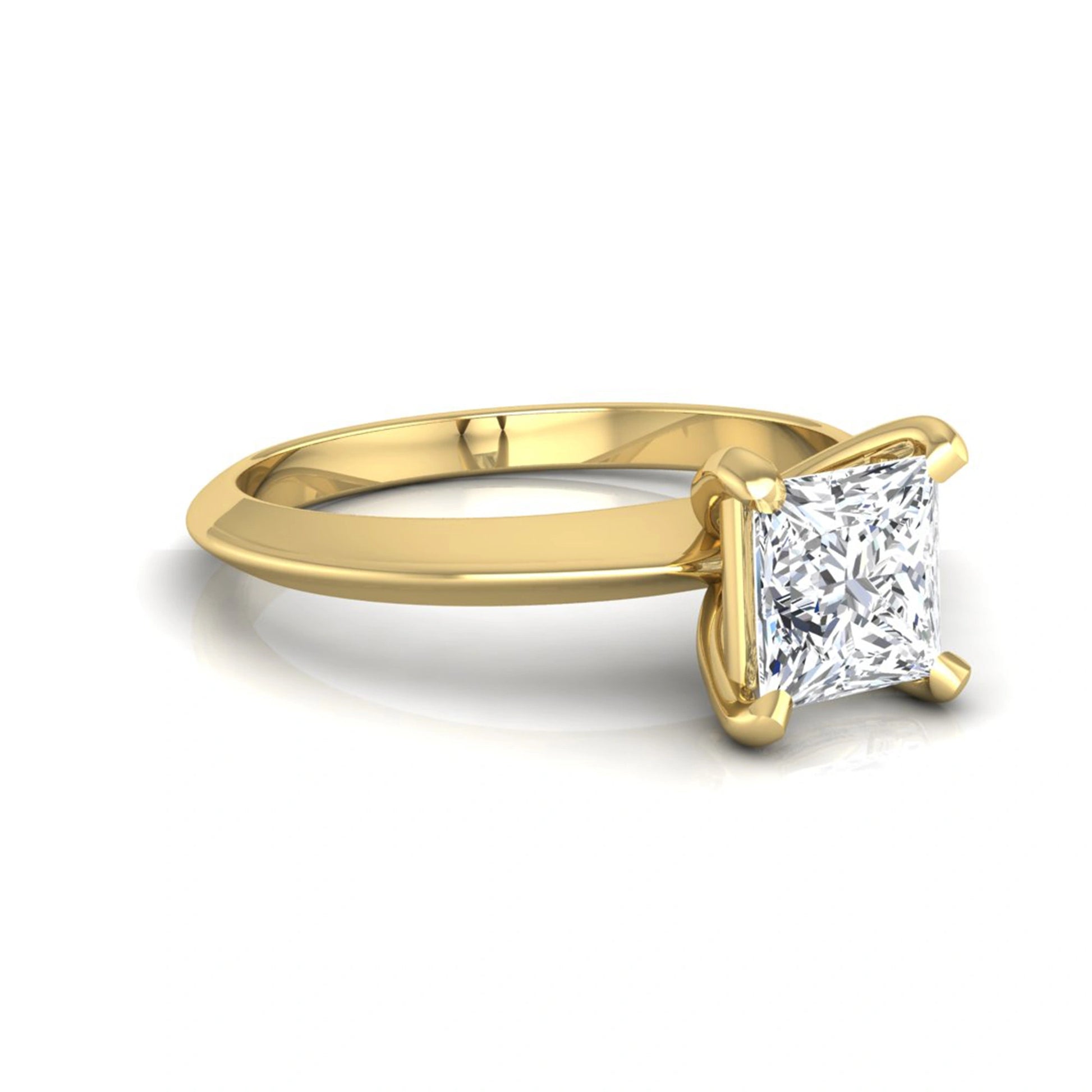 Princess cut lab grown diamond solitaire engagement ring featuring a 0.71 carat princess diamond in a classic four-prong yellow gold setting.