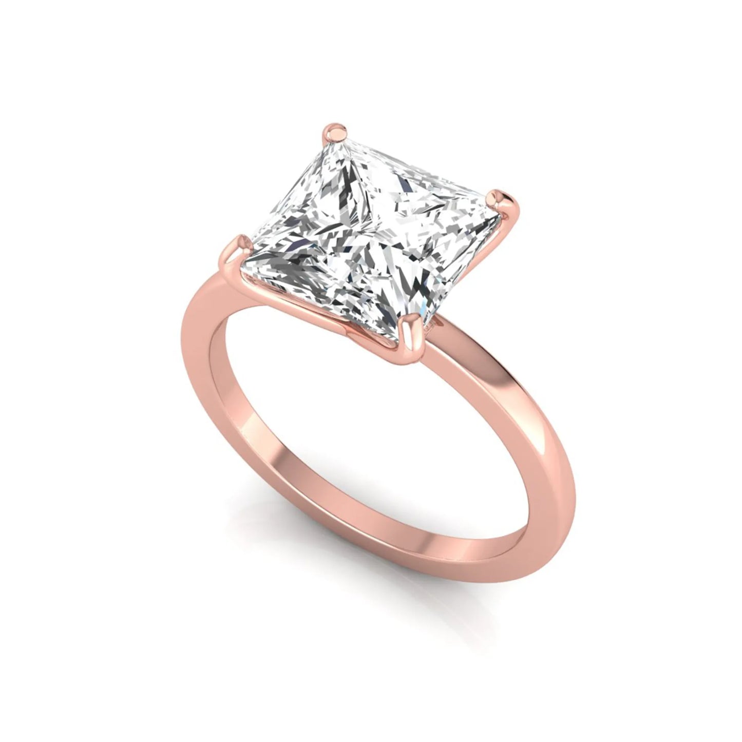 Princess cut lab grown diamond solitaire engagement ring featuring a 3.45 carat IGI certified princess diamond in a classic four-prong rose gold setting.