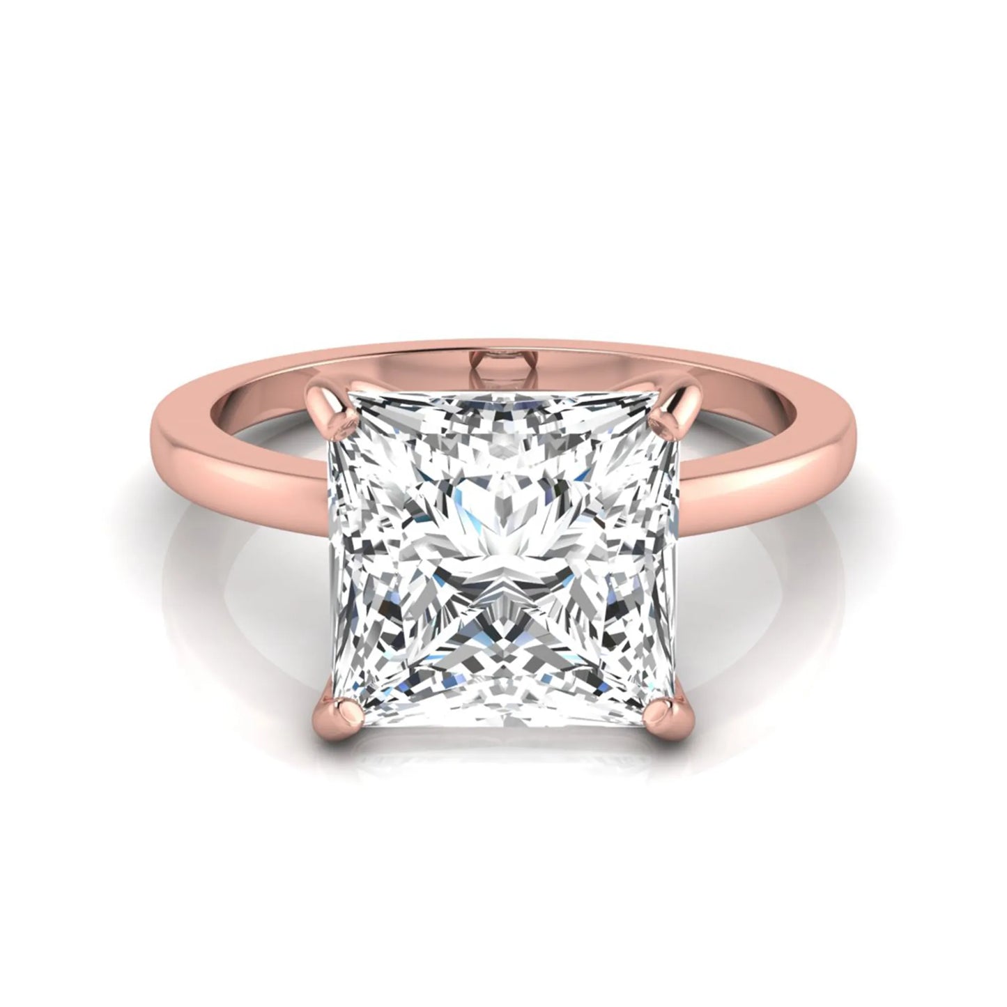 Princess cut lab grown diamond solitaire engagement ring featuring a 3.45 carat IGI certified princess diamond in a classic four-prong rose gold setting.