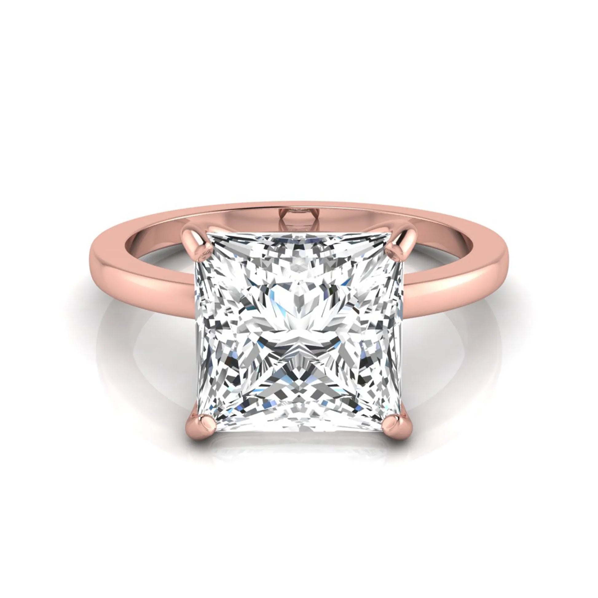 Princess cut lab grown diamond solitaire engagement ring featuring a 3.45 carat IGI certified princess diamond in a classic four-prong rose gold setting.