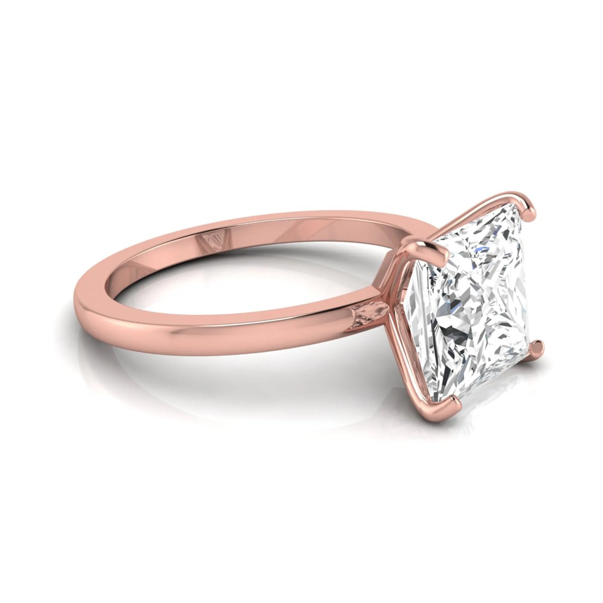 Princess cut lab grown diamond solitaire engagement ring featuring a 3.45 carat IGI certified princess diamond in a classic four-prong rose gold setting.