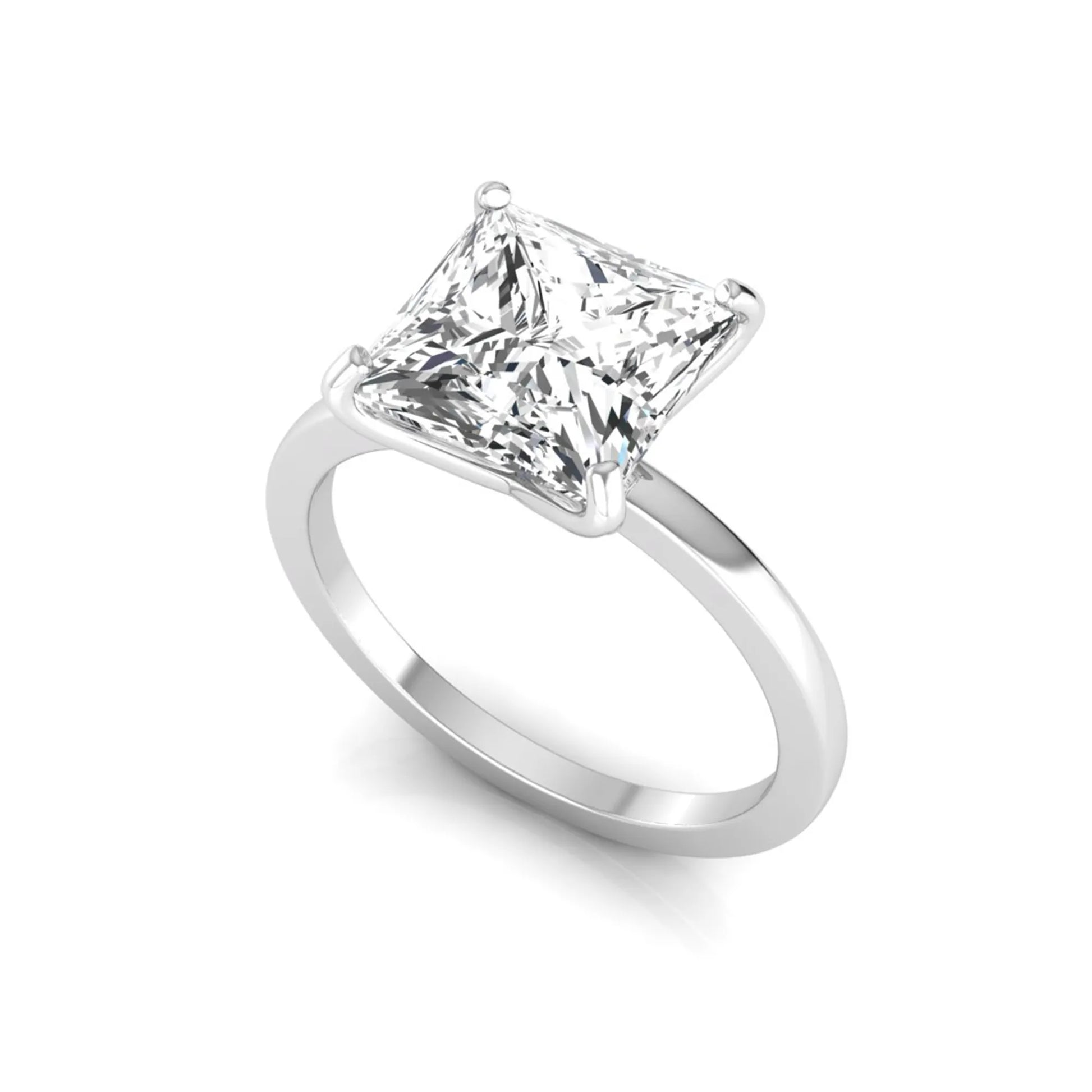 Princess cut lab grown diamond solitaire engagement ring featuring a 3.45 carat IGI certified princess diamond in a classic four-prong white gold setting.