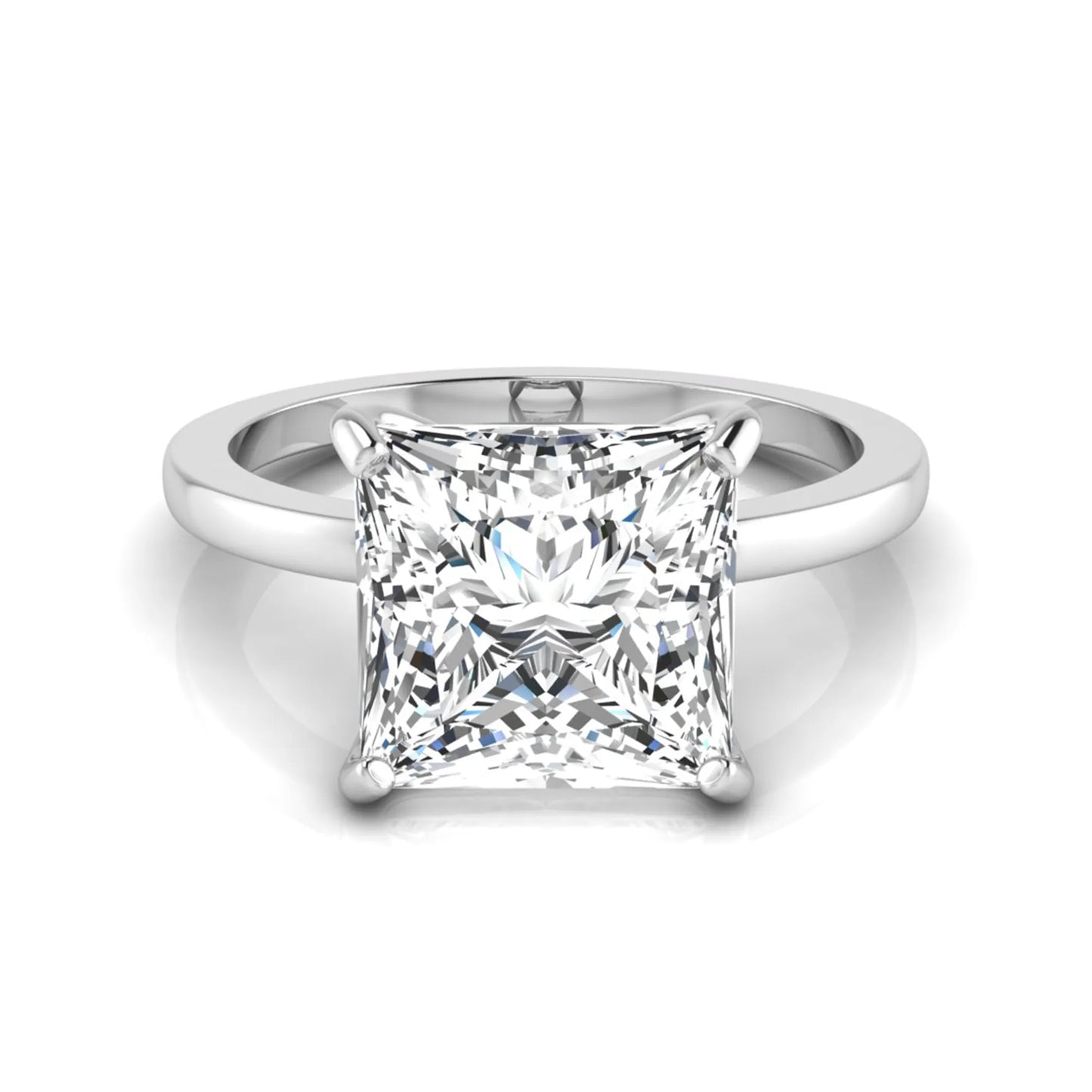 Princess cut lab grown diamond solitaire engagement ring featuring a 3.45 carat IGI certified princess diamond in a classic four-prong white gold setting.