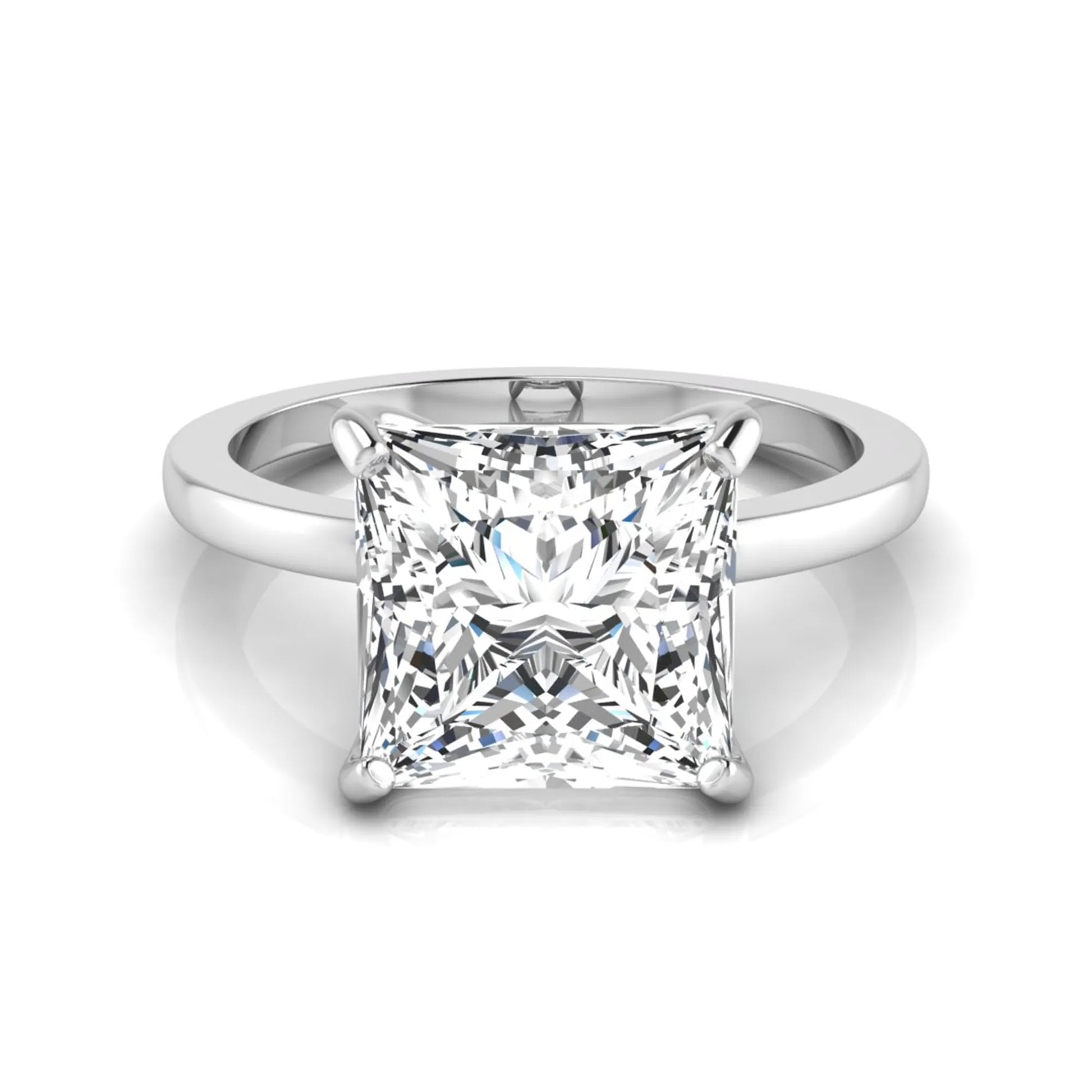 Princess cut lab grown diamond solitaire engagement ring featuring a 3.45 carat IGI certified princess diamond in a classic four-prong white gold setting.