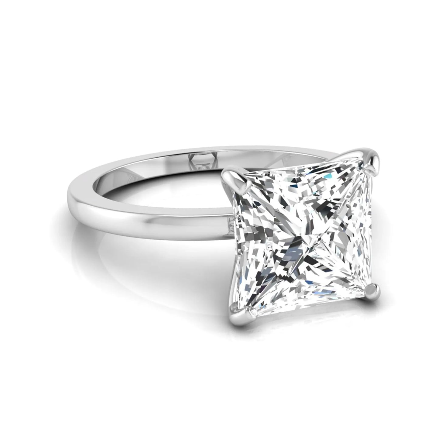 Princess cut lab grown diamond solitaire engagement ring featuring a 3.45 carat IGI certified princess diamond in a classic four-prong white gold setting.