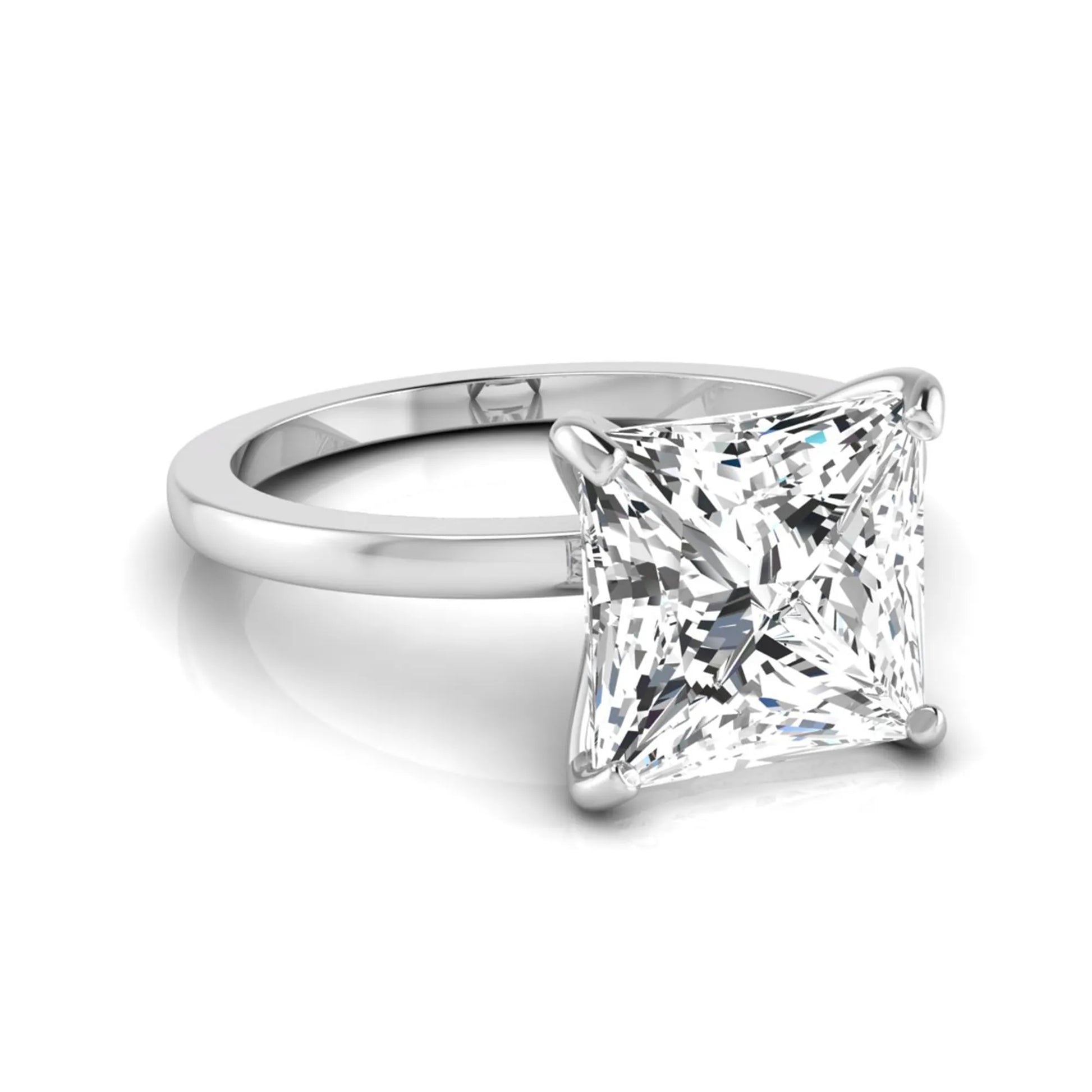 Princess cut lab grown diamond solitaire engagement ring featuring a 3.45 carat IGI certified princess diamond in a classic four-prong white gold setting.
