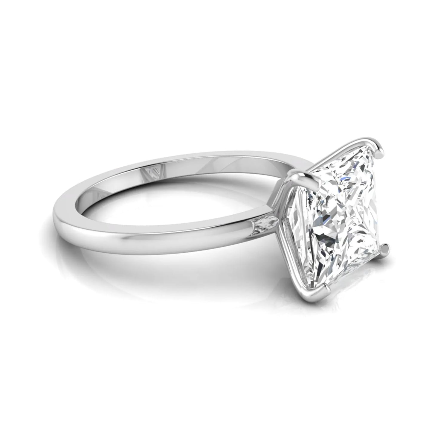Princess cut lab grown diamond solitaire engagement ring featuring a 3.45 carat IGI certified princess diamond in a classic four-prong white gold setting.