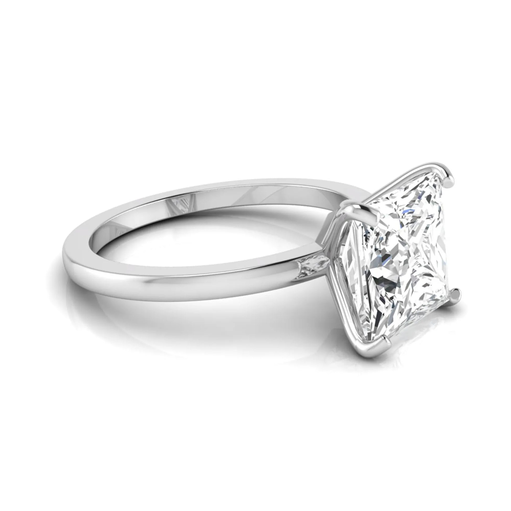 Princess cut lab grown diamond solitaire engagement ring featuring a 3.45 carat IGI certified princess diamond in a classic four-prong white gold setting.