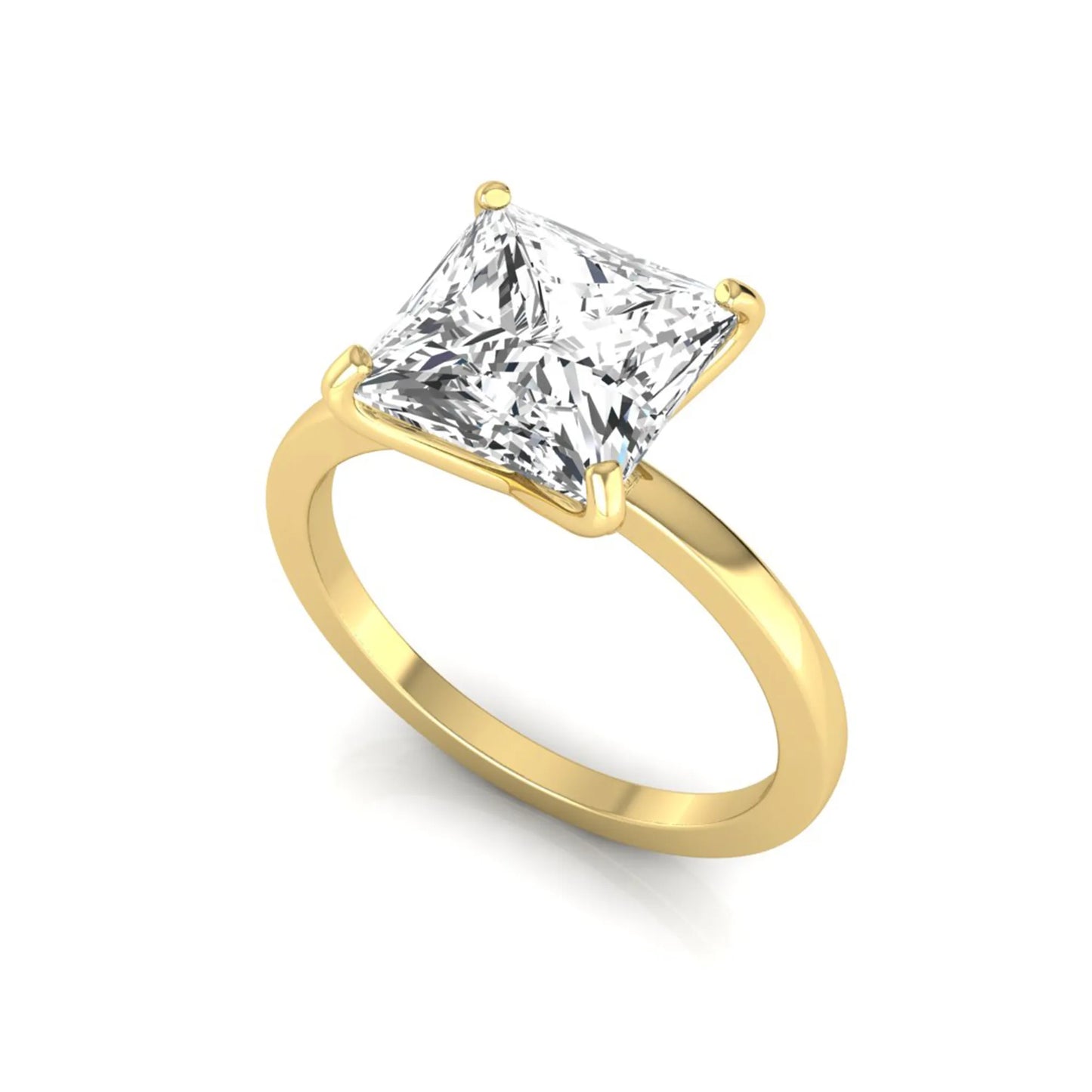 Princess cut lab grown diamond solitaire engagement ring featuring a 3.45 carat IGI certified princess diamond in a classic four-prong yellow gold setting.