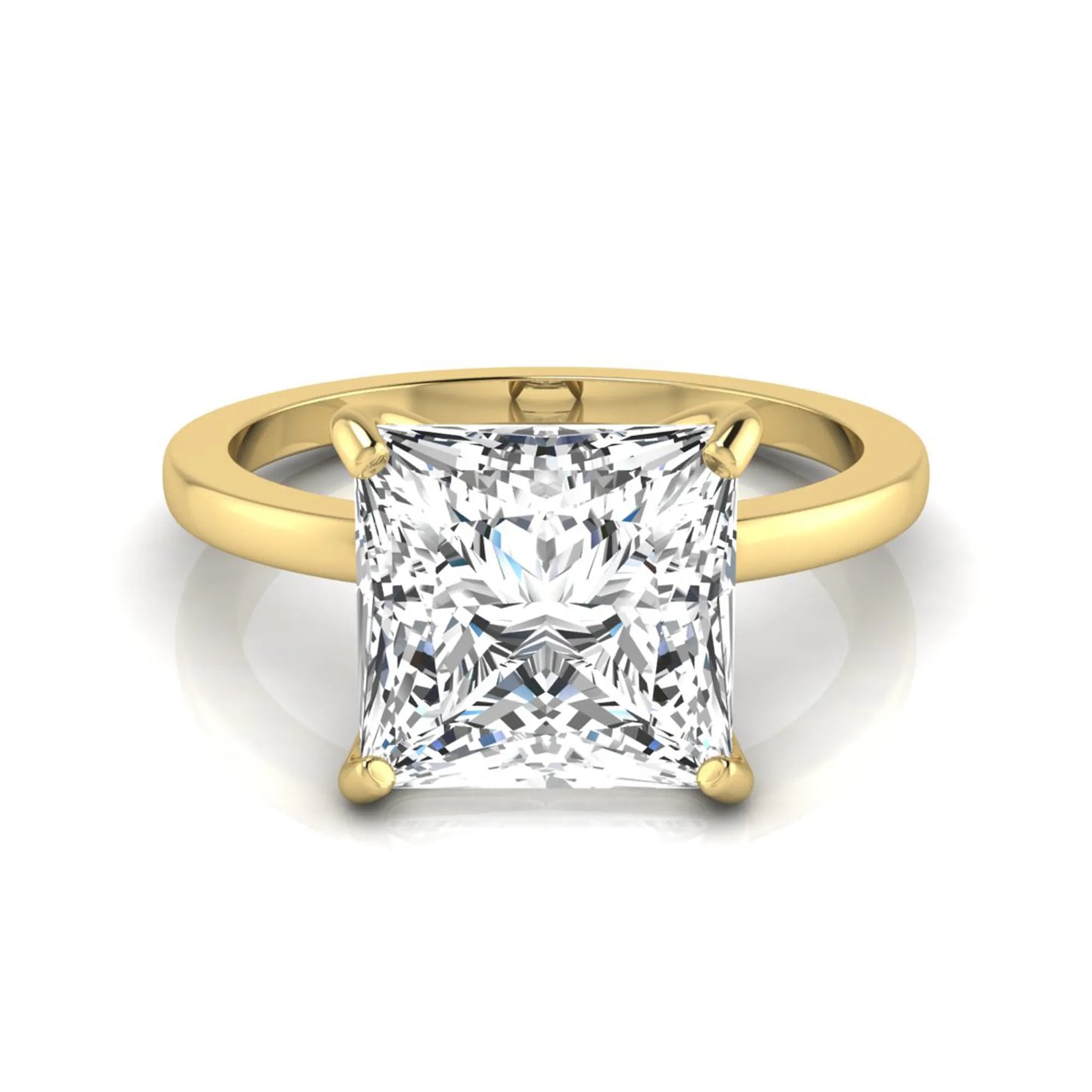 Princess cut lab grown diamond solitaire engagement ring featuring a 3.45 carat IGI certified princess diamond in a classic four-prong yellow gold setting.