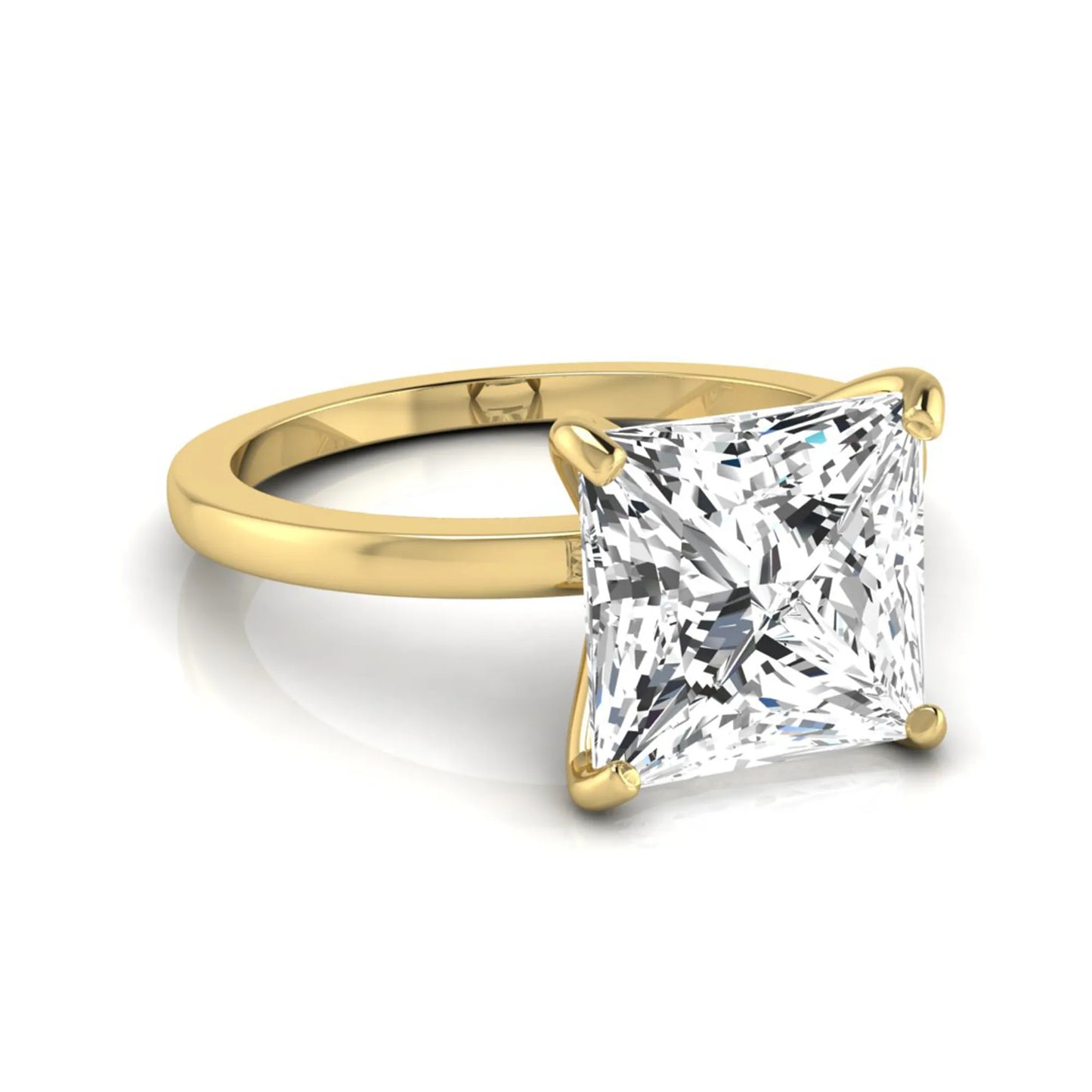 Princess cut lab grown diamond solitaire engagement ring featuring a 3.45 carat IGI certified princess diamond in a classic four-prong yellow gold setting.