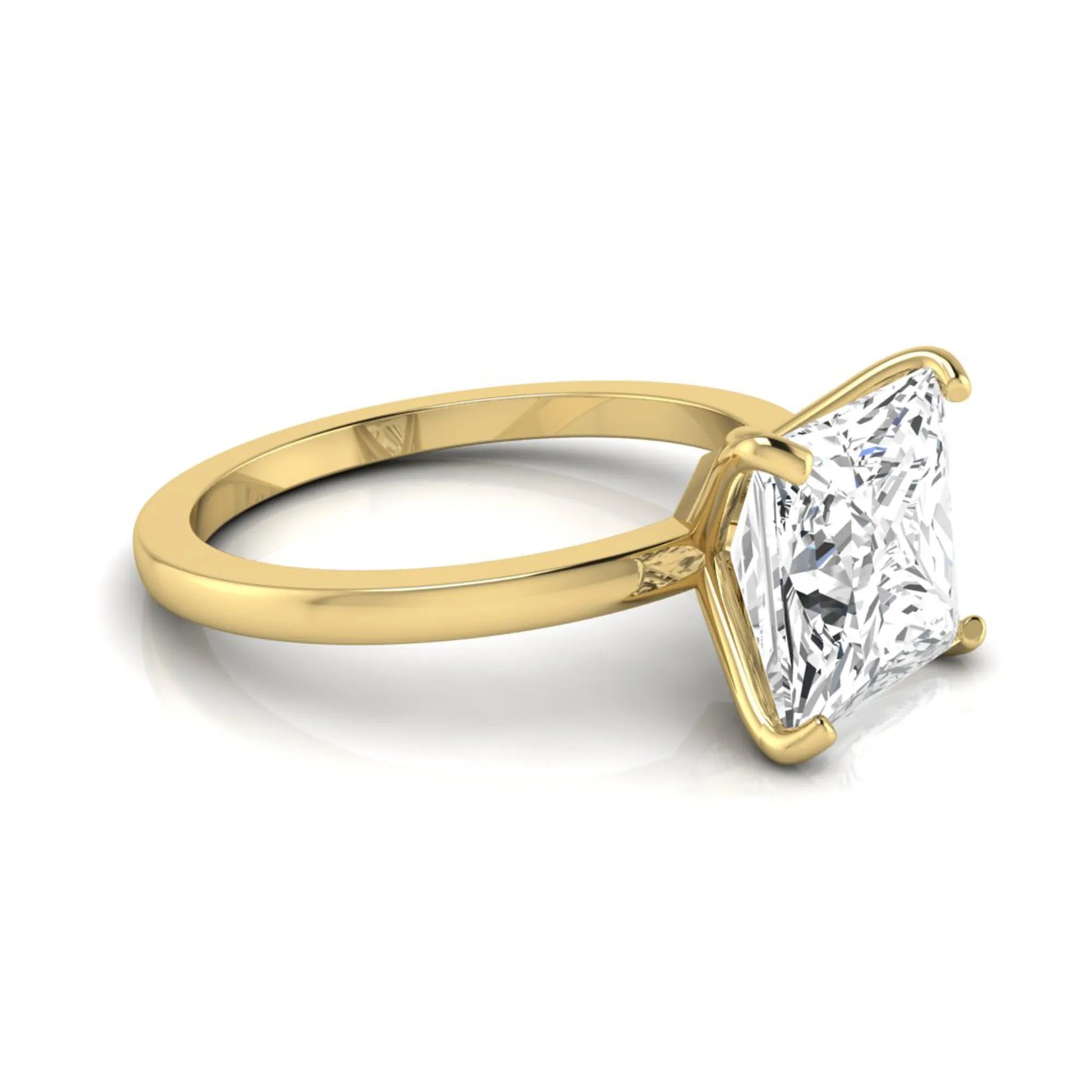 Princess cut lab grown diamond solitaire engagement ring featuring a 3.45 carat IGI certified princess diamond in a classic four-prong yellow gold setting.