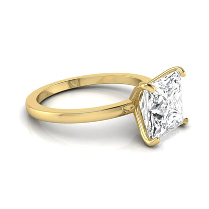 Princess cut lab grown diamond solitaire engagement ring featuring a 3.45 carat IGI certified princess diamond in a classic four-prong yellow gold setting.