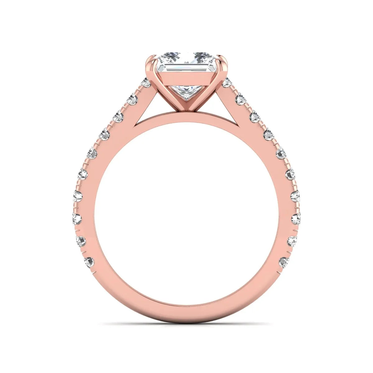 Princess cut lab grown diamond engagement ring with pavé round diamonds in a rose gold four-prong setting