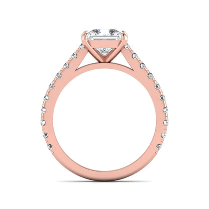 Princess cut lab grown diamond engagement ring with pavé round diamonds in a rose gold four-prong setting