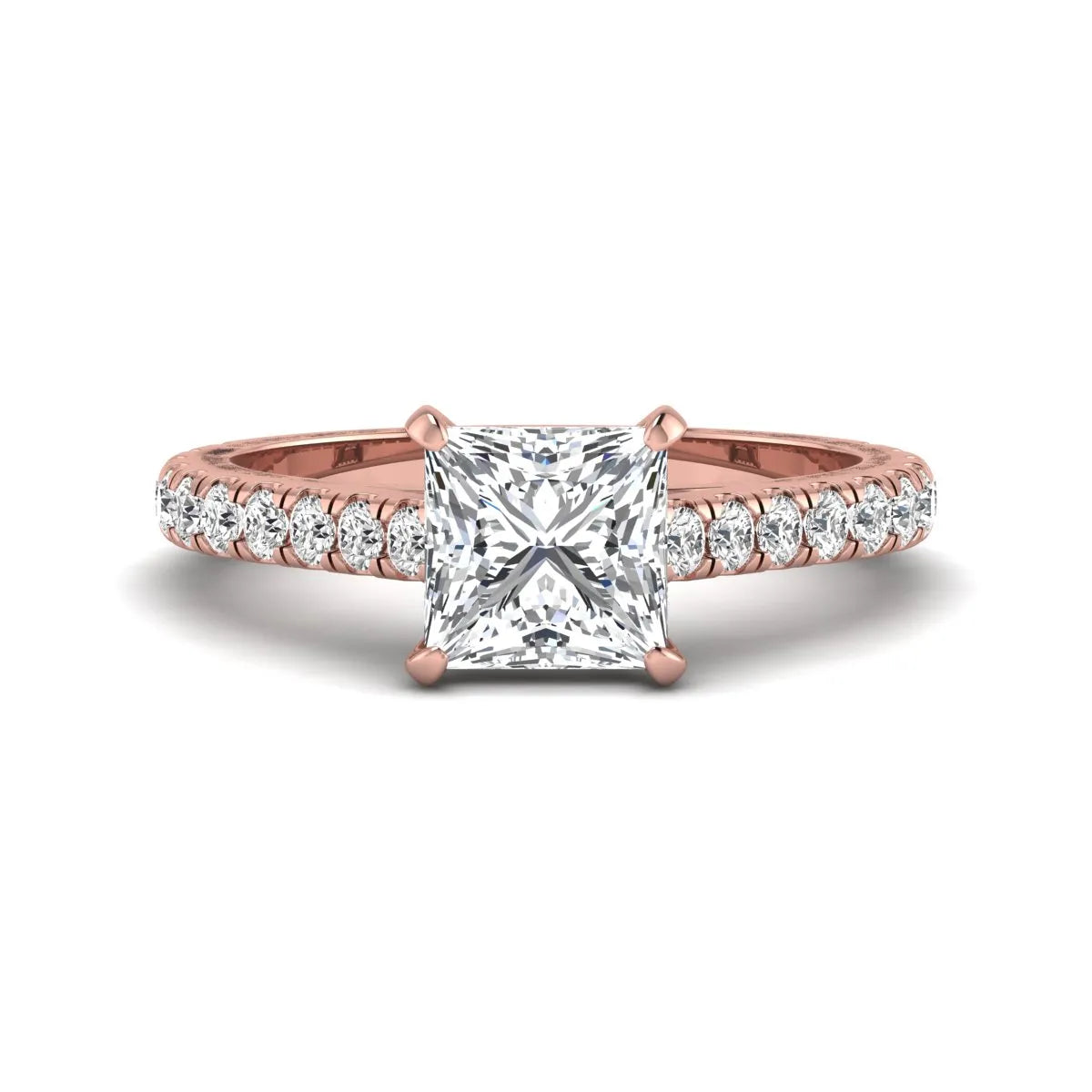 Princess cut lab grown diamond engagement ring with pavé round diamonds in a rose gold four-prong setting