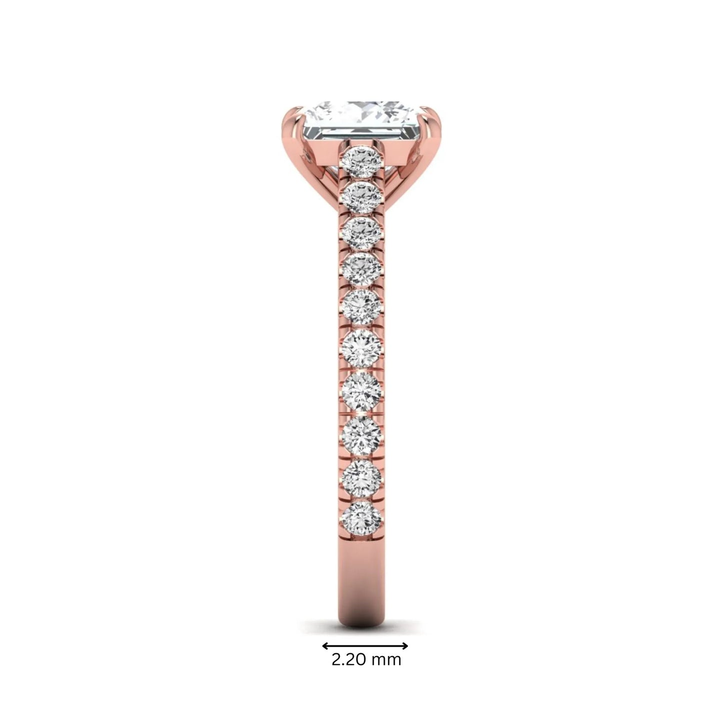 Princess cut lab grown diamond engagement ring with pavé round diamonds in a rose gold four-prong setting