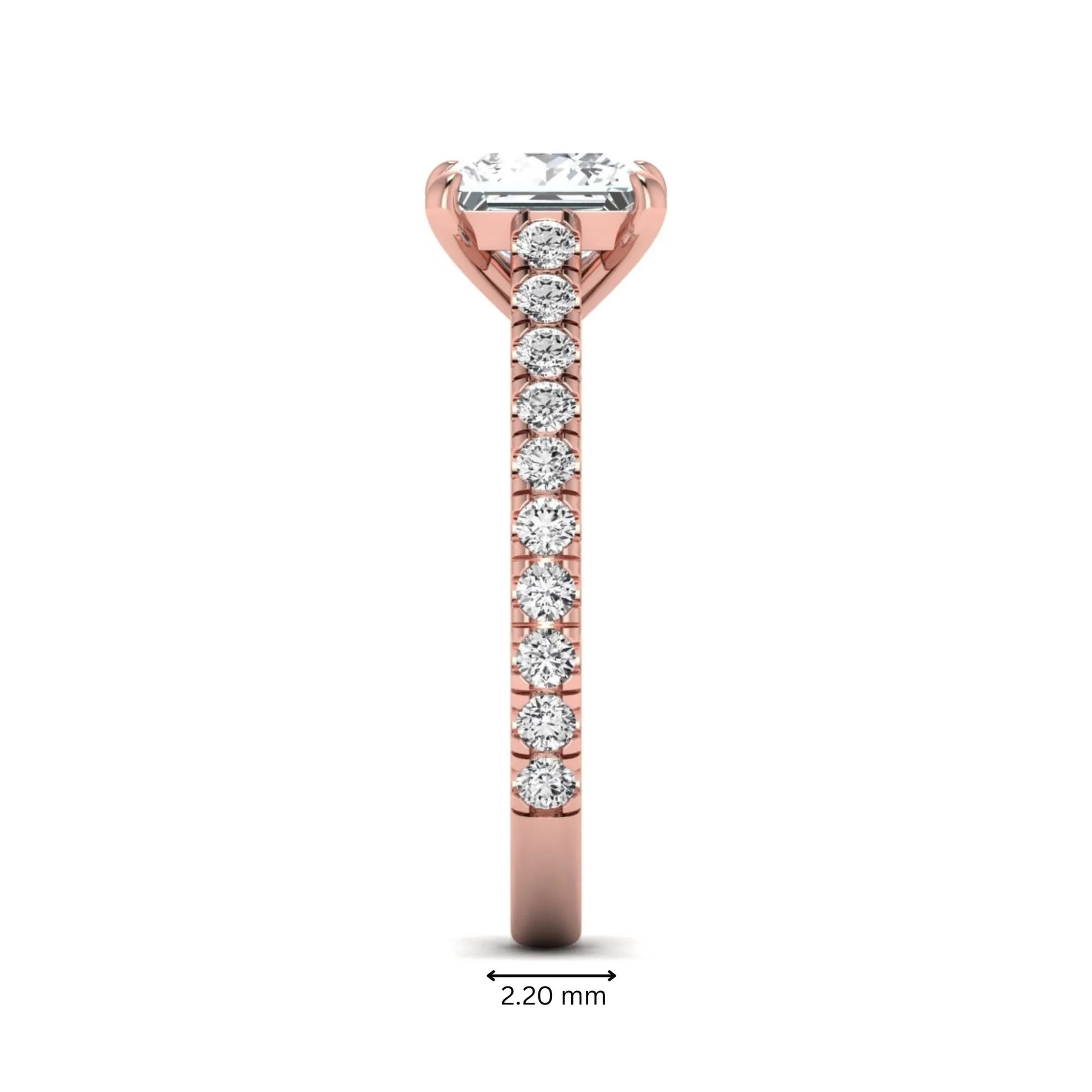 Princess cut lab grown diamond engagement ring with pavé round diamonds in a rose gold four-prong setting