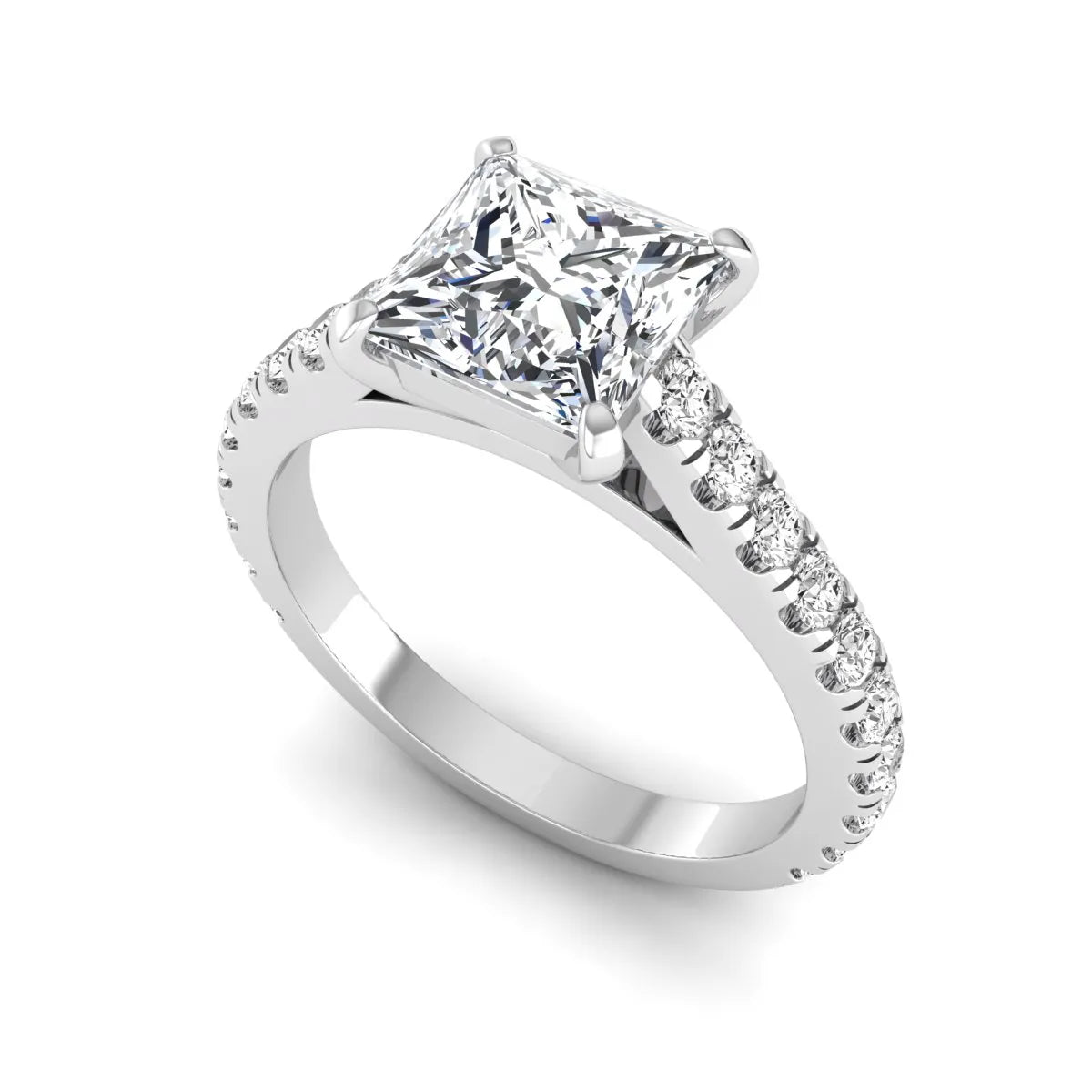 Princess cut lab grown diamond engagement ring with pavé round diamonds in a white gold four-prong setting