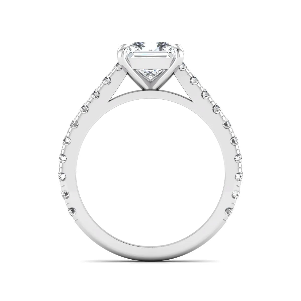 Princess cut lab grown diamond engagement ring with pavé round diamonds in a white gold four-prong setting