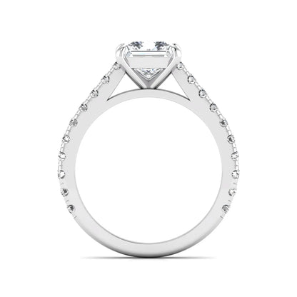 Princess cut lab grown diamond engagement ring with pavé round diamonds in a white gold four-prong setting