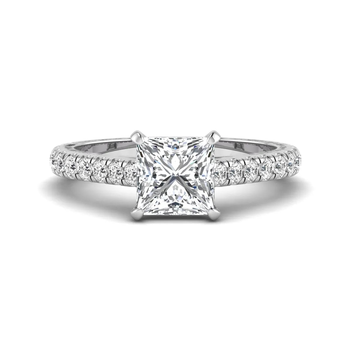 Princess cut lab grown diamond engagement ring with pavé round diamonds in a white gold four-prong setting