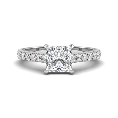 Princess cut lab grown diamond engagement ring with pavé round diamonds in a white gold four-prong setting