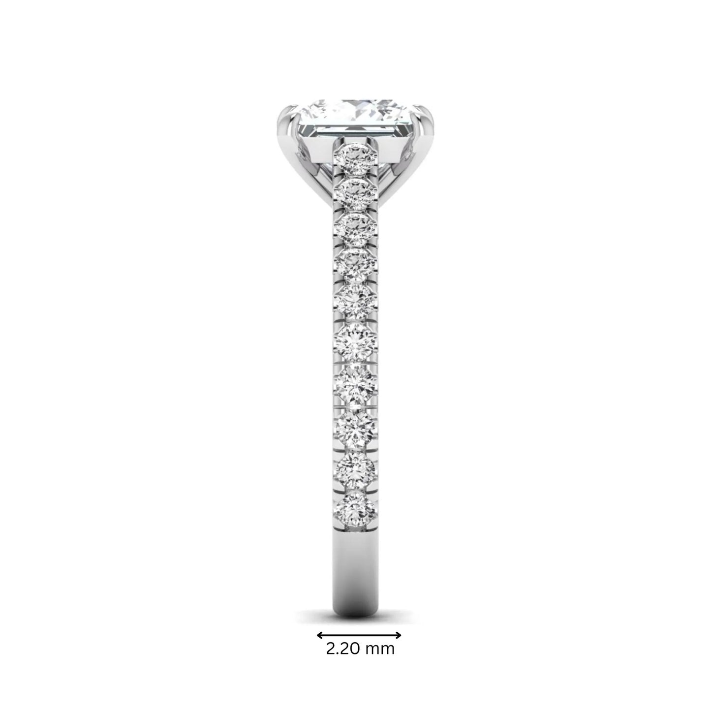 Princess cut lab grown diamond engagement ring with pavé round diamonds in a white gold four-prong setting