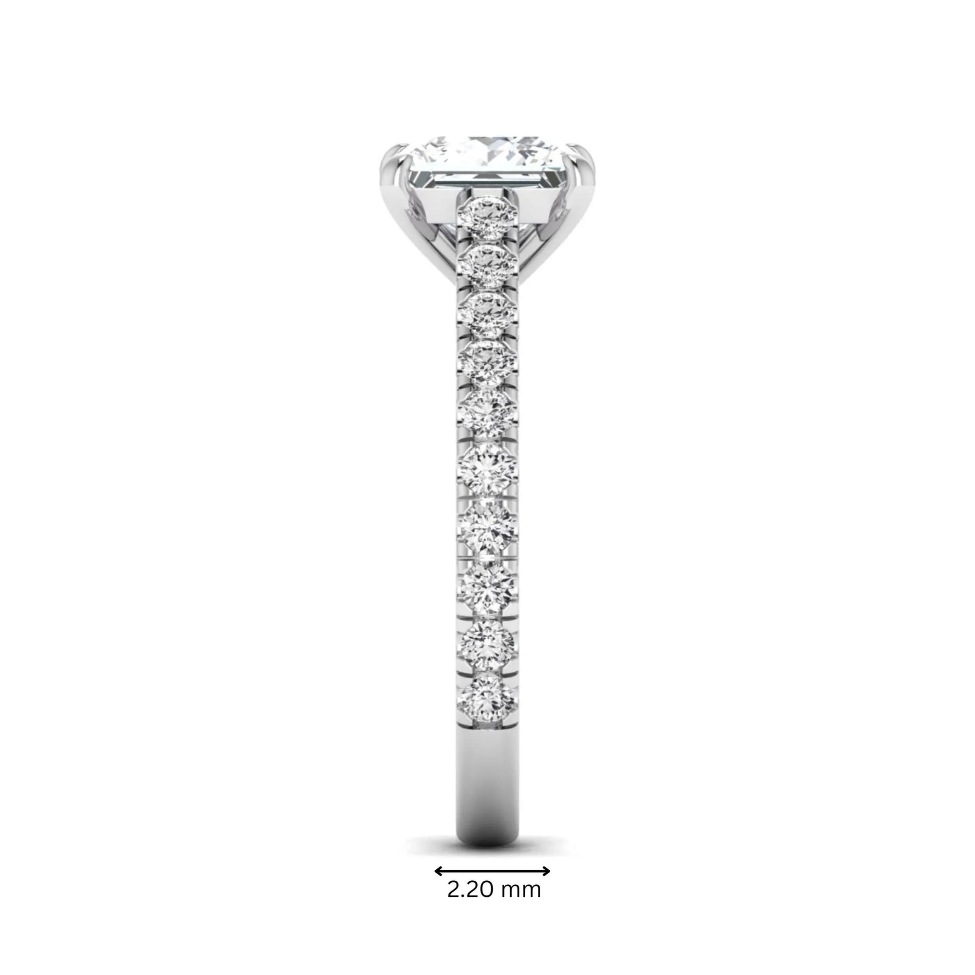 Princess cut lab grown diamond engagement ring with pavé round diamonds in a white gold four-prong setting