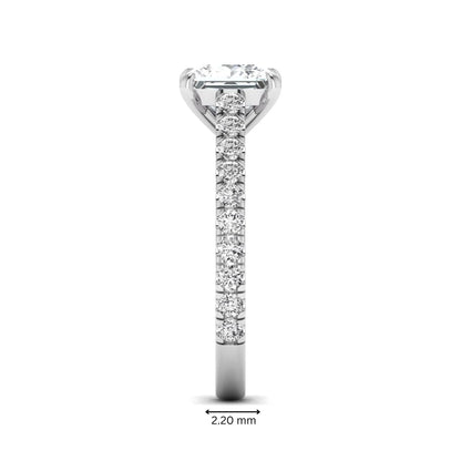 Princess cut lab grown diamond engagement ring with pavé round diamonds in a white gold four-prong setting
