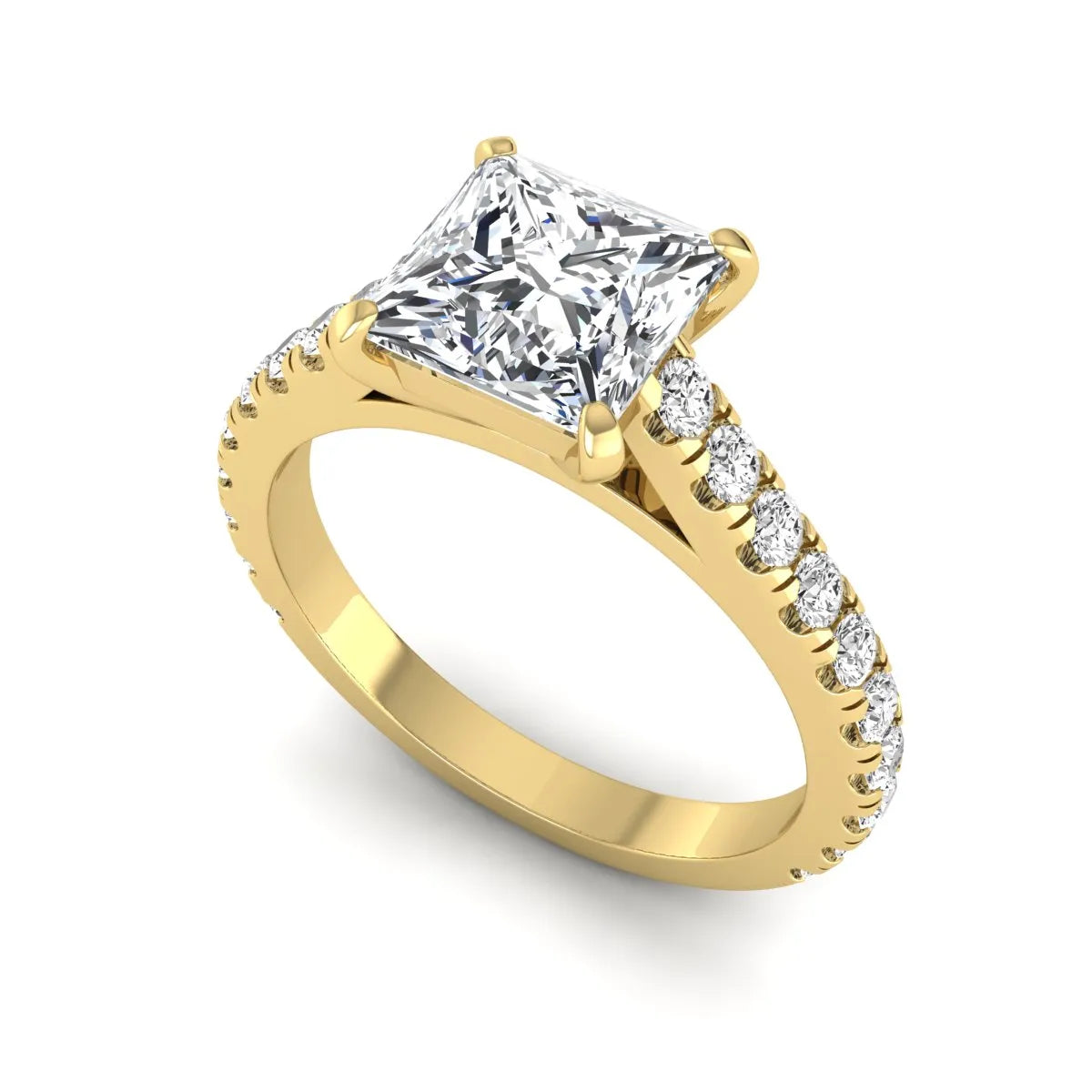 Princess cut lab grown diamond engagement ring with pavé round diamonds in a yellow gold four-prong setting