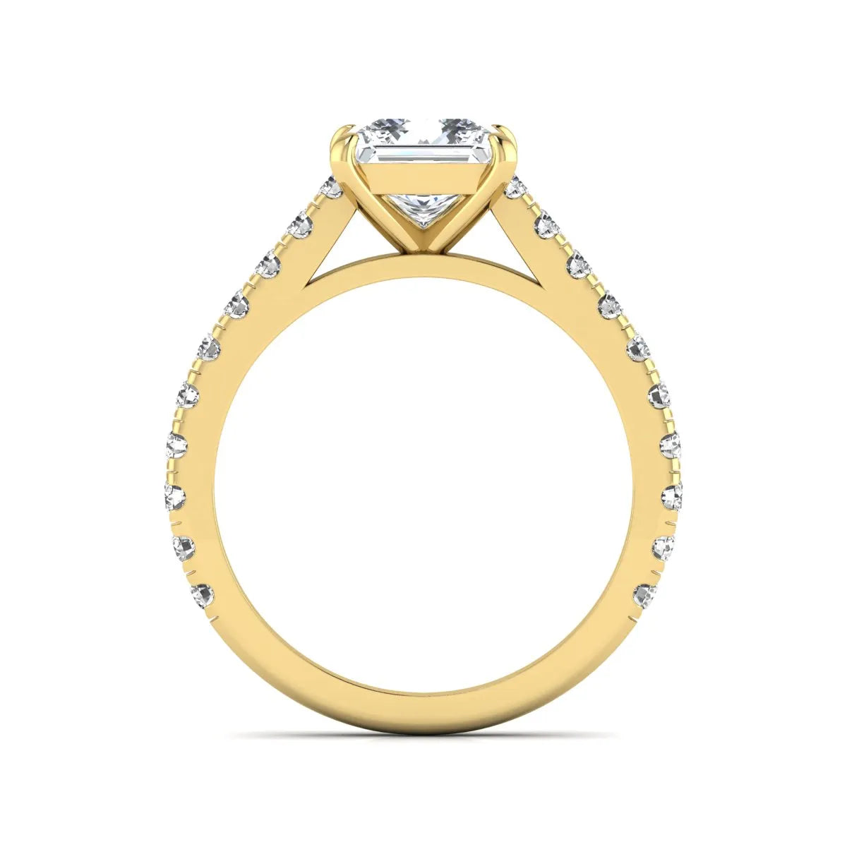 Princess cut lab grown diamond engagement ring with pavé round diamonds in a yellow gold four-prong setting
