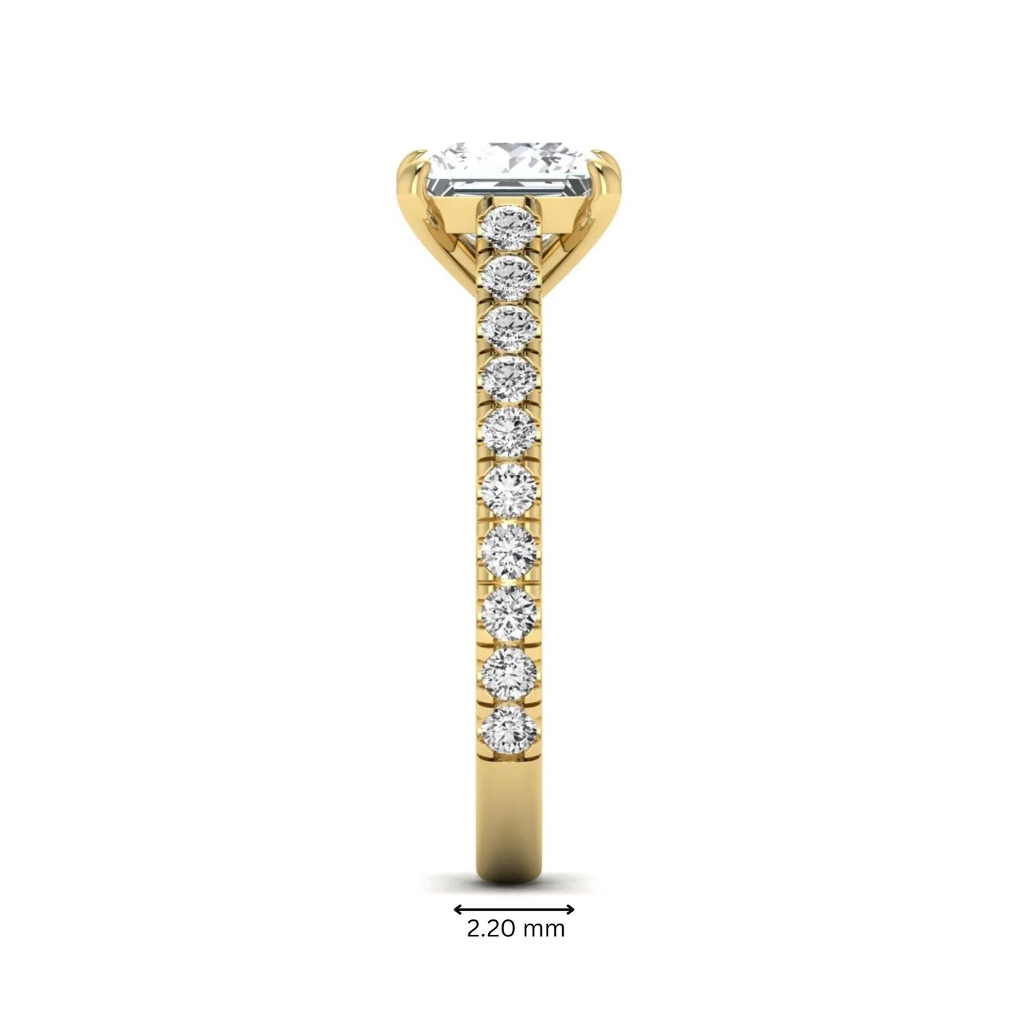 Princess cut lab grown diamond engagement ring with pavé round diamonds in a yellow gold four-prong setting