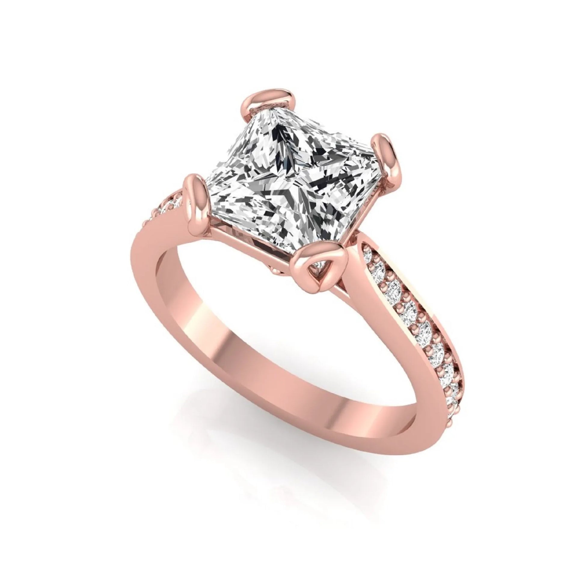 Princess cut lab grown diamond solitaire engagement ring featuring a four-prong setting with a pavé diamond band in rose gold tone.