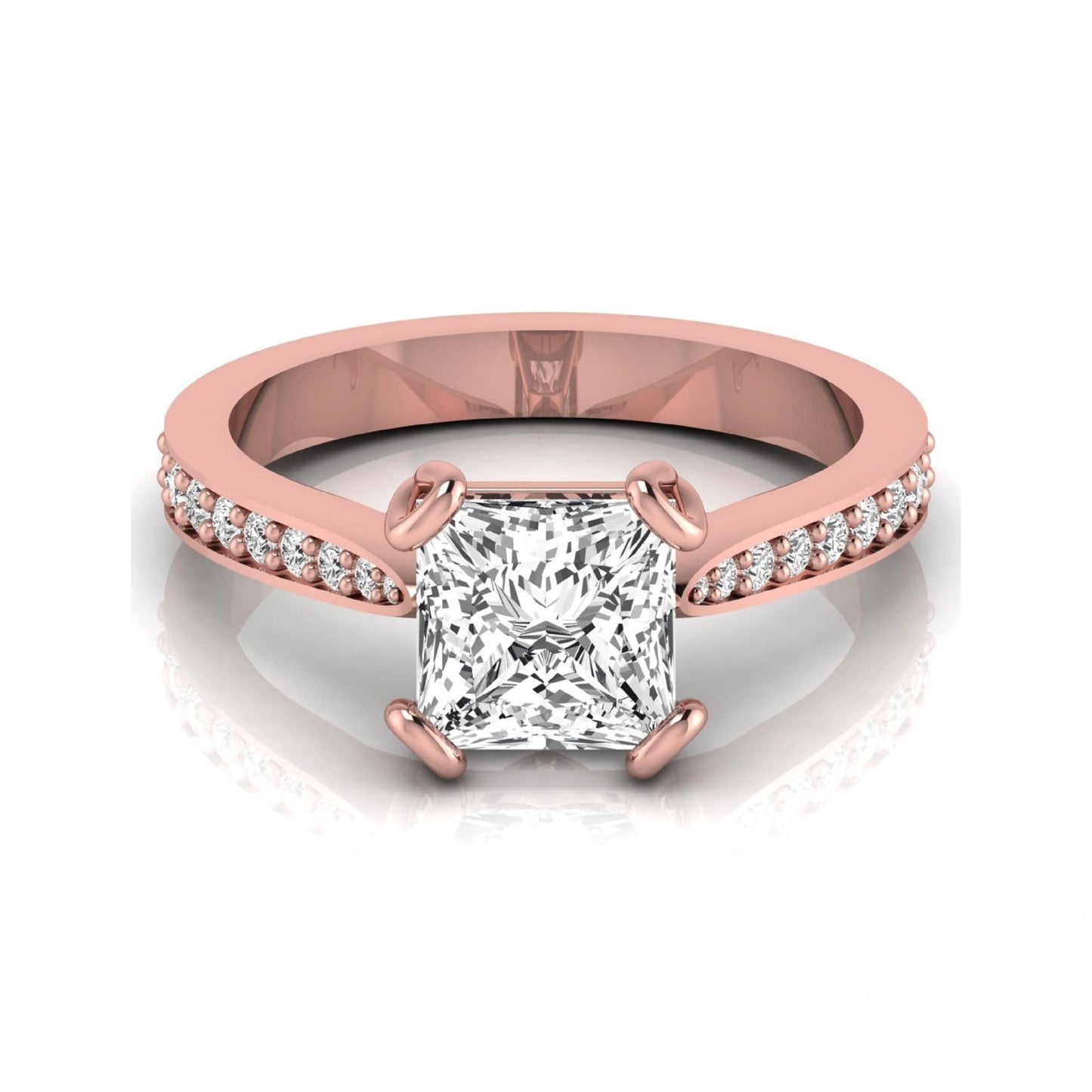 Princess cut lab grown diamond solitaire engagement ring featuring a four-prong setting with a pavé diamond band in rose gold tone.